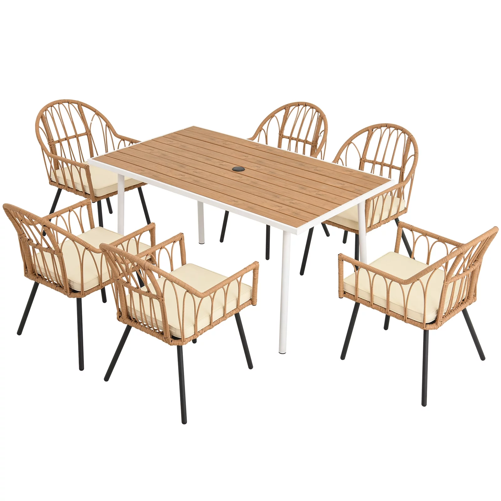 Dextrus 7 Pieces Outdoor Patio Dining Set with 6 Rattan Wicker Dining Chair & Rectangle Table with Umbrella Hole for 6-Person, Beige
