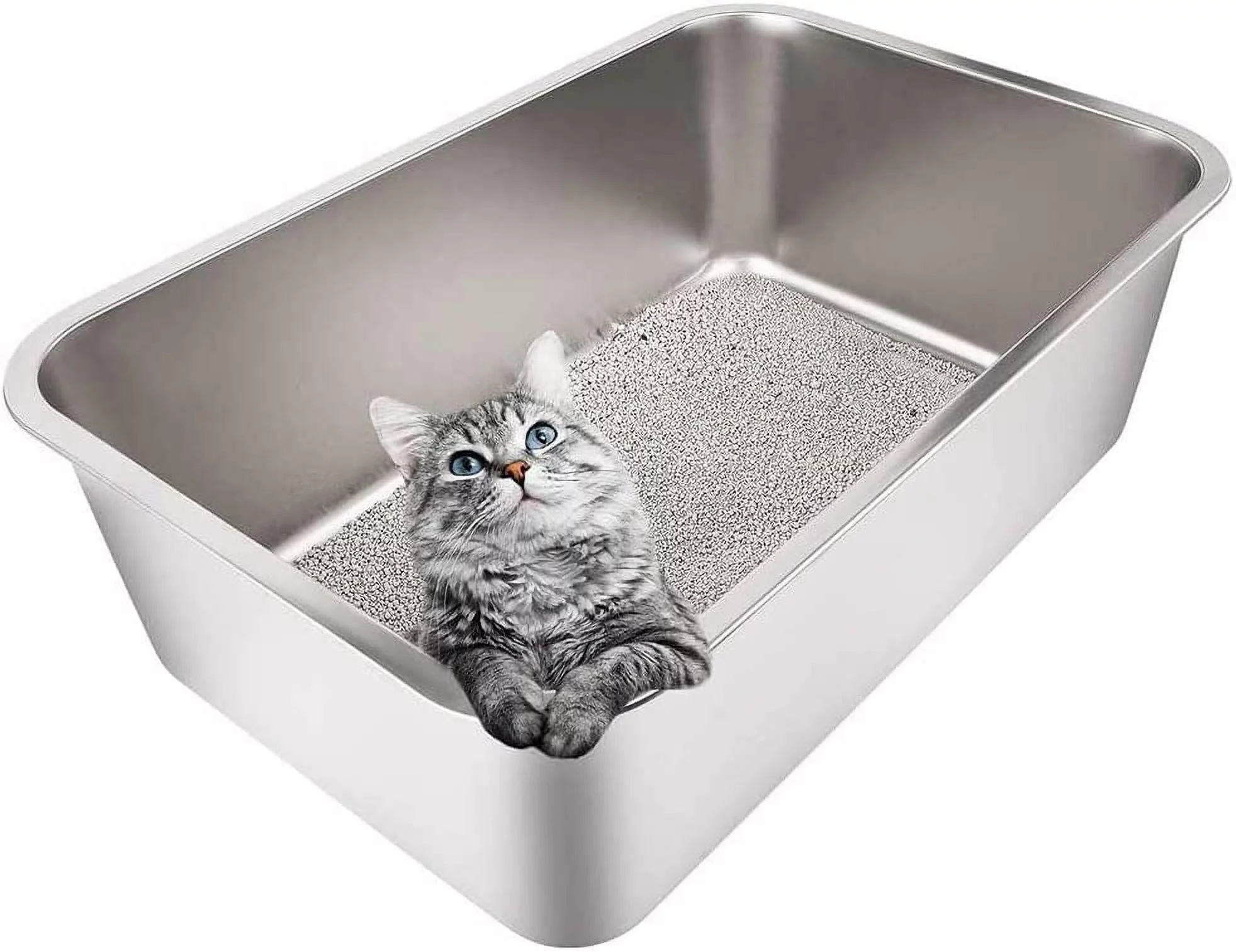 Stainless Steel Litter Box for Cat and Rabbit, Large Size with 8in High Sides and Non Slip Rubber Feet. Odor Control, Non Stick Smooth Surface, Easy to Clean, Never Bend