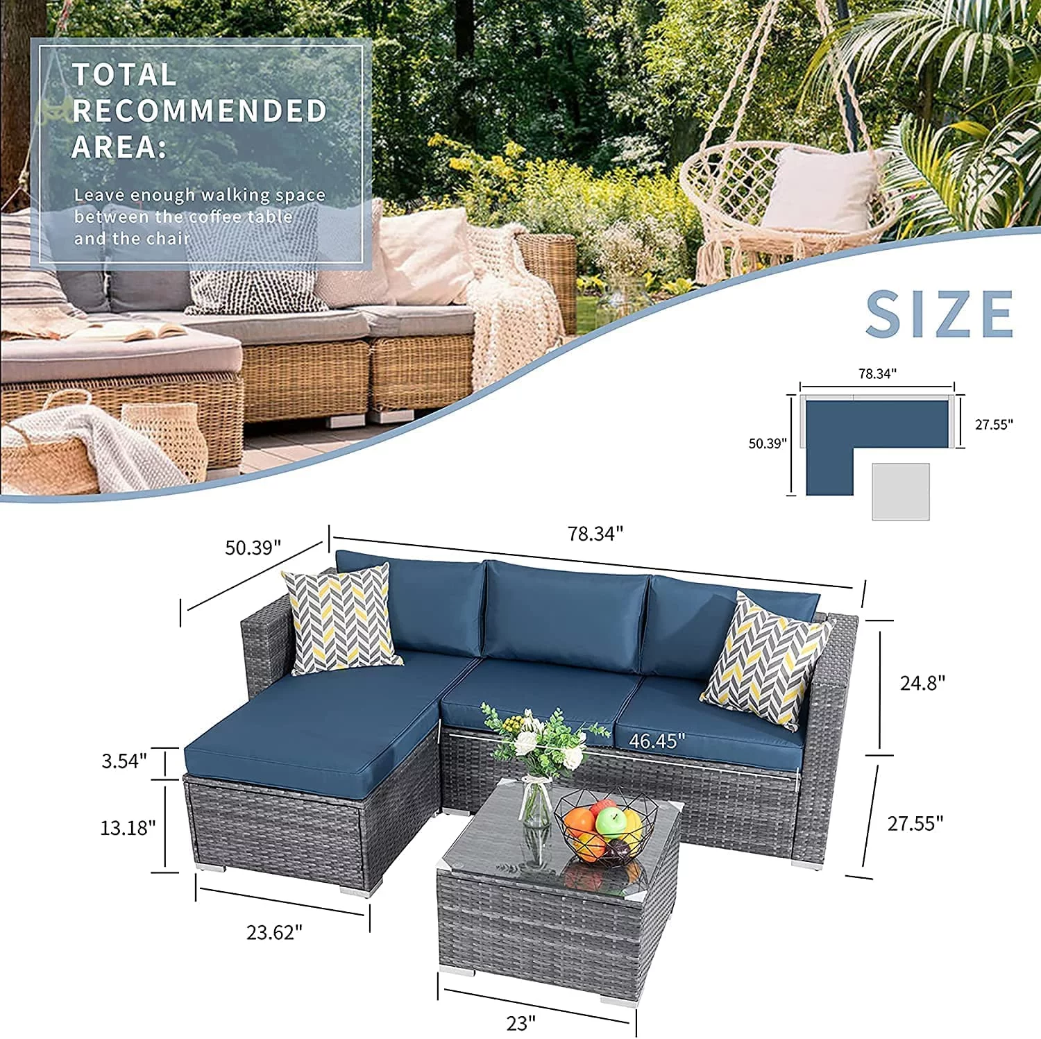 Walsunny 3 Piece Aegean Blue Outdoor Furniture Sectional Sofa Patio Set Silver Gray Rattan Wicker