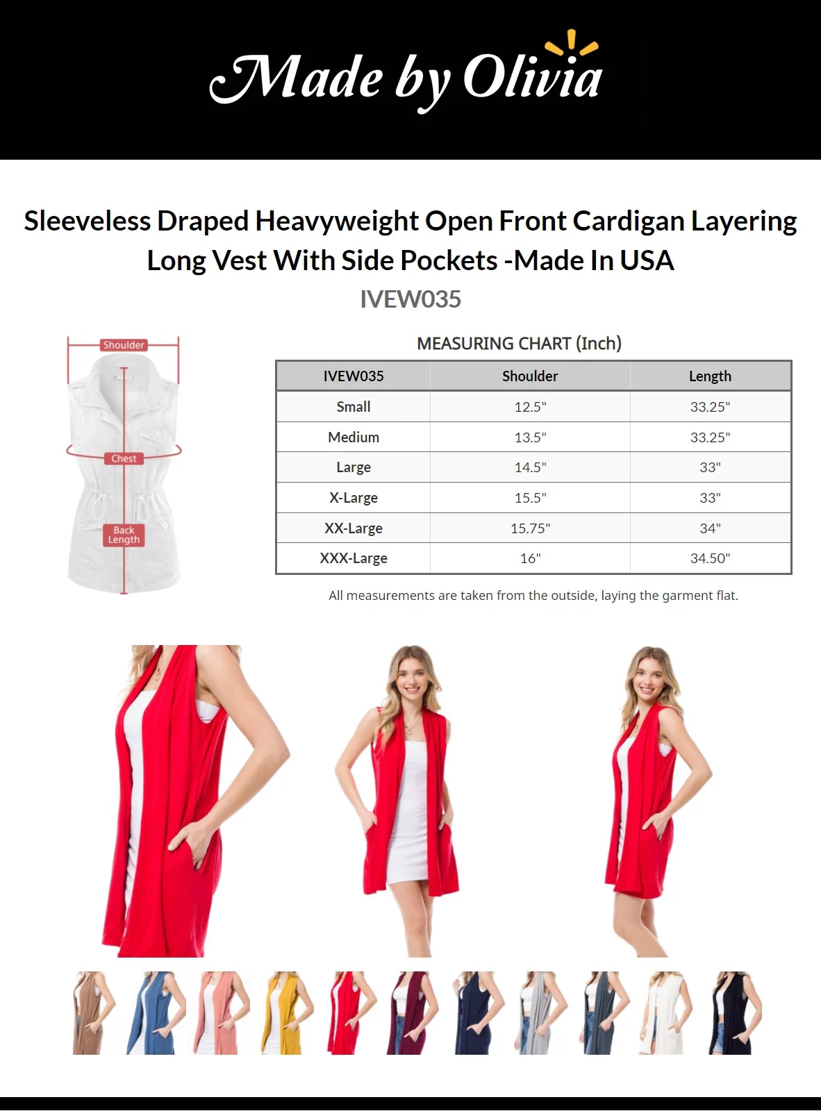 Made by Olivia Women's Sleeveless Draped Heavyweight Open Front Cardigan Layering Long Vest With Side Pockets -Made In USA