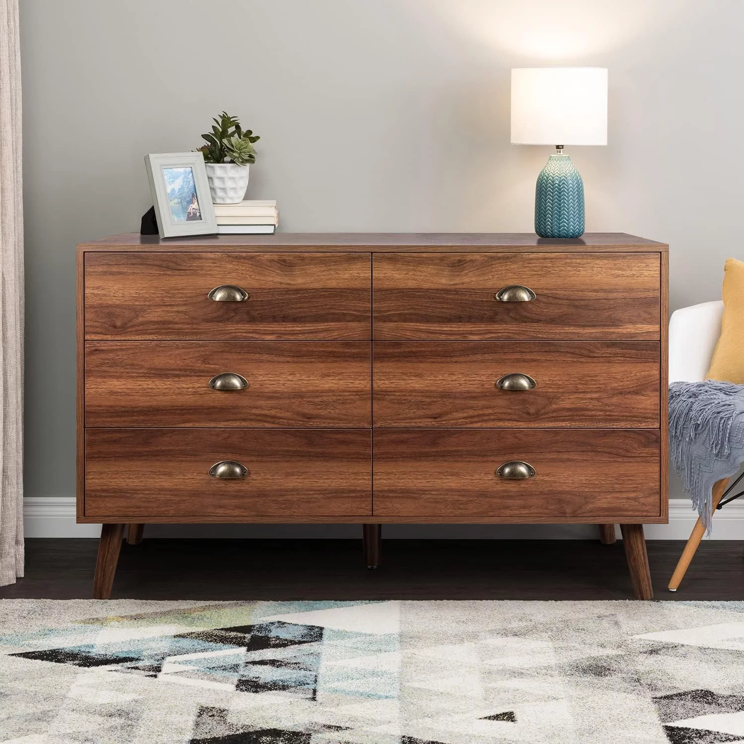 Popular Mid-Century Dresser  6 Drawer Dresser for Bedroom  Modern Walnut Dresser with Metal Handle  Wood Dresser Chest of Drawers for Living Room  Hallway