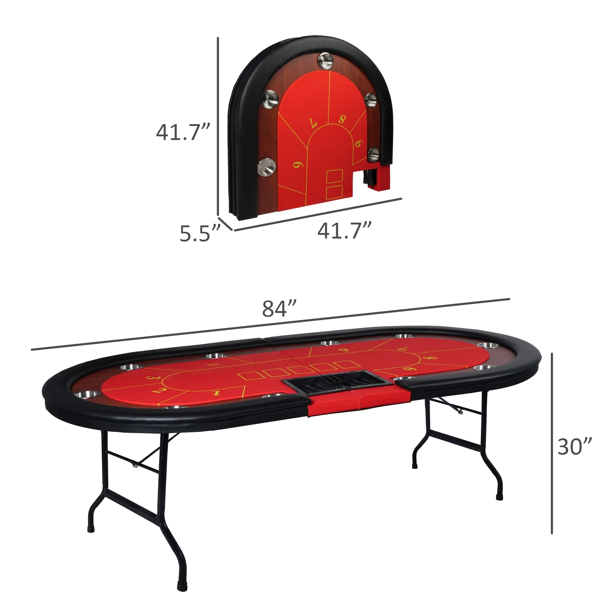 10 Player Foldable Poker Table with Cup Holders, Portable Texas Blackjack Holdem Poker Table with Chip Tray, Folding Casino Leisure Card Board Game Table with Padded Rails, Stylish Red Design