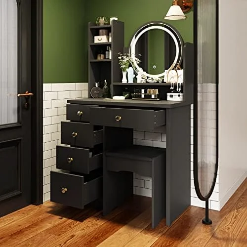 HBBOOMLIFE FUFU&GAGA Vanity Set with Round Mirror  Makeup Vanity Dressing Table with 5 Drawers  Shelves  Dresser Desk and Cushioned Stool Set (Black/Lighted Mirror)