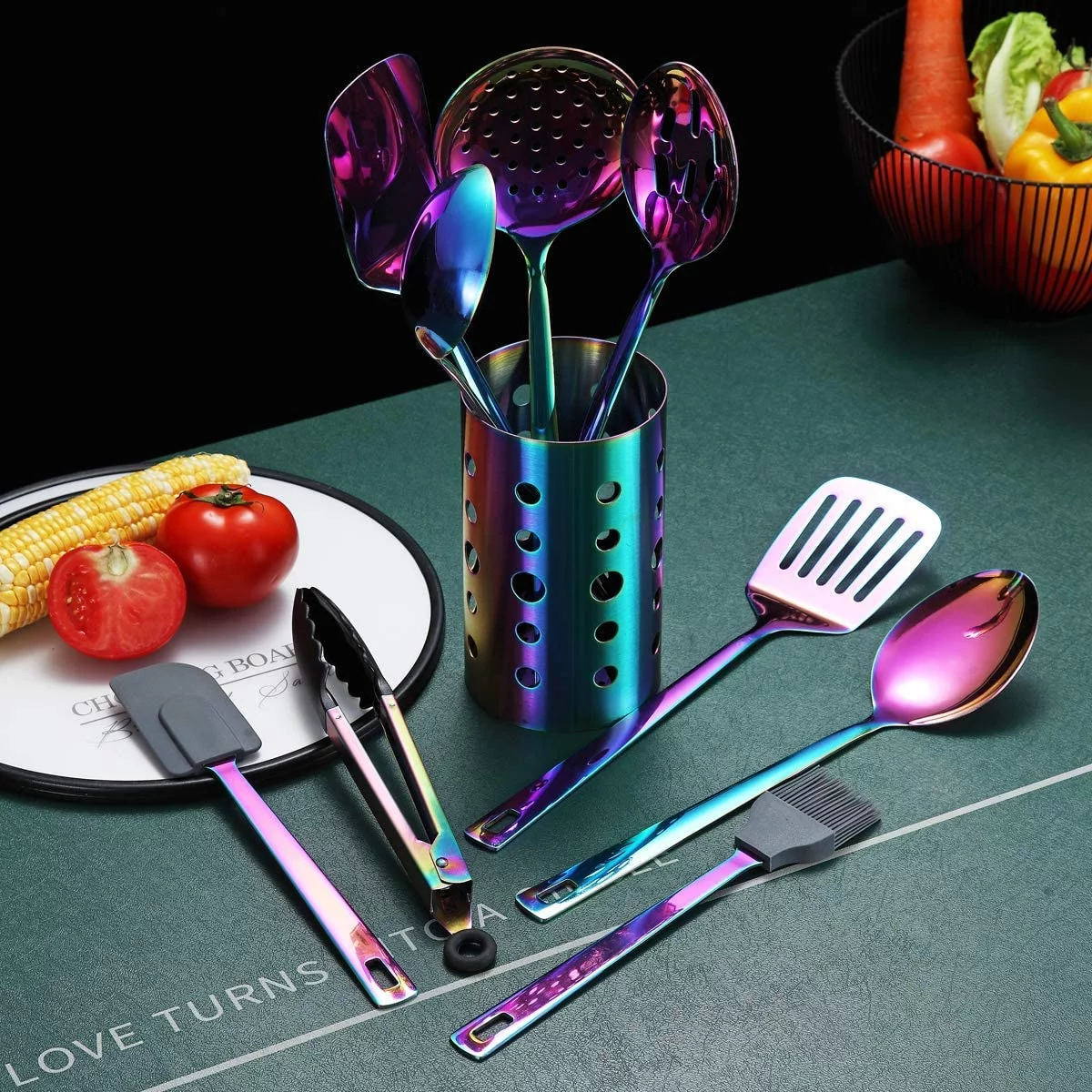 Just Houseware Rainbow Kitchen Utensils Set, 13-Piece Stainless Steel Cooking Utensils Set, Rainbow Cookware Kitchen Set With Utensil Holder For Non-Stick