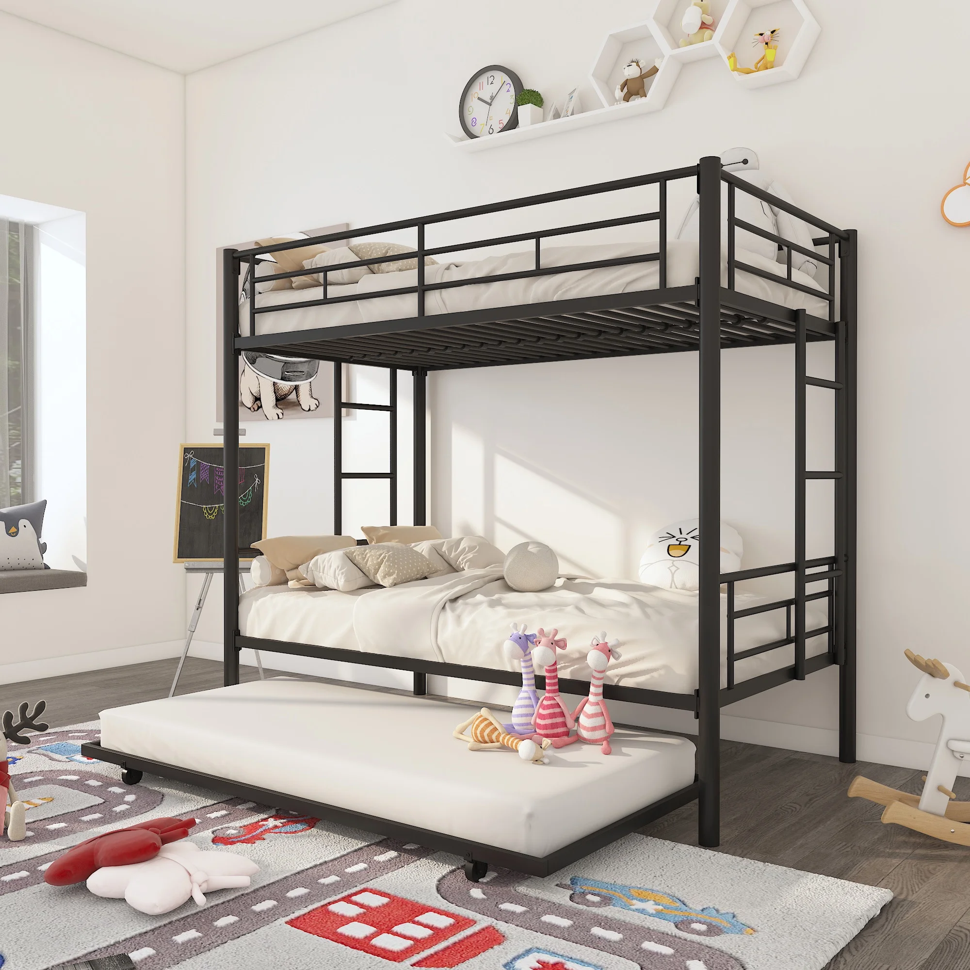 Heavy Duty Metal Bunk Bed Frame with Trundle - Twin Over Twin, Convertible - 3 beds