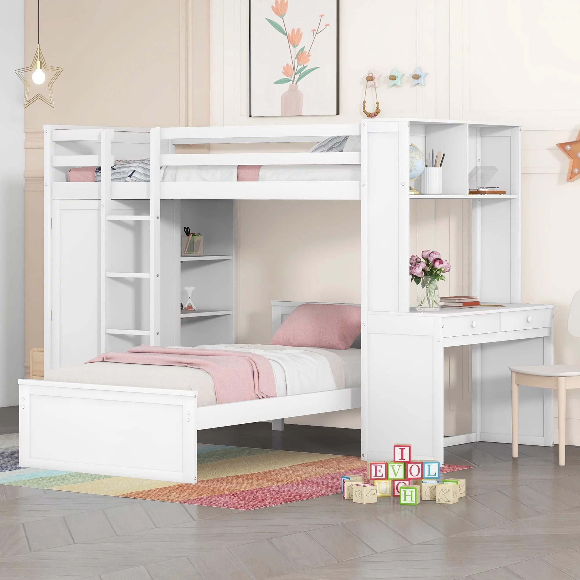 THINK 30,Twin Size Loft Bed with Desk and Wardrobe, Wood Convertible Bunk Bed with Storage Drawers and Shelves, Wooden Loft Bed Frame for Kids Teens, No Box Spring Needed, White