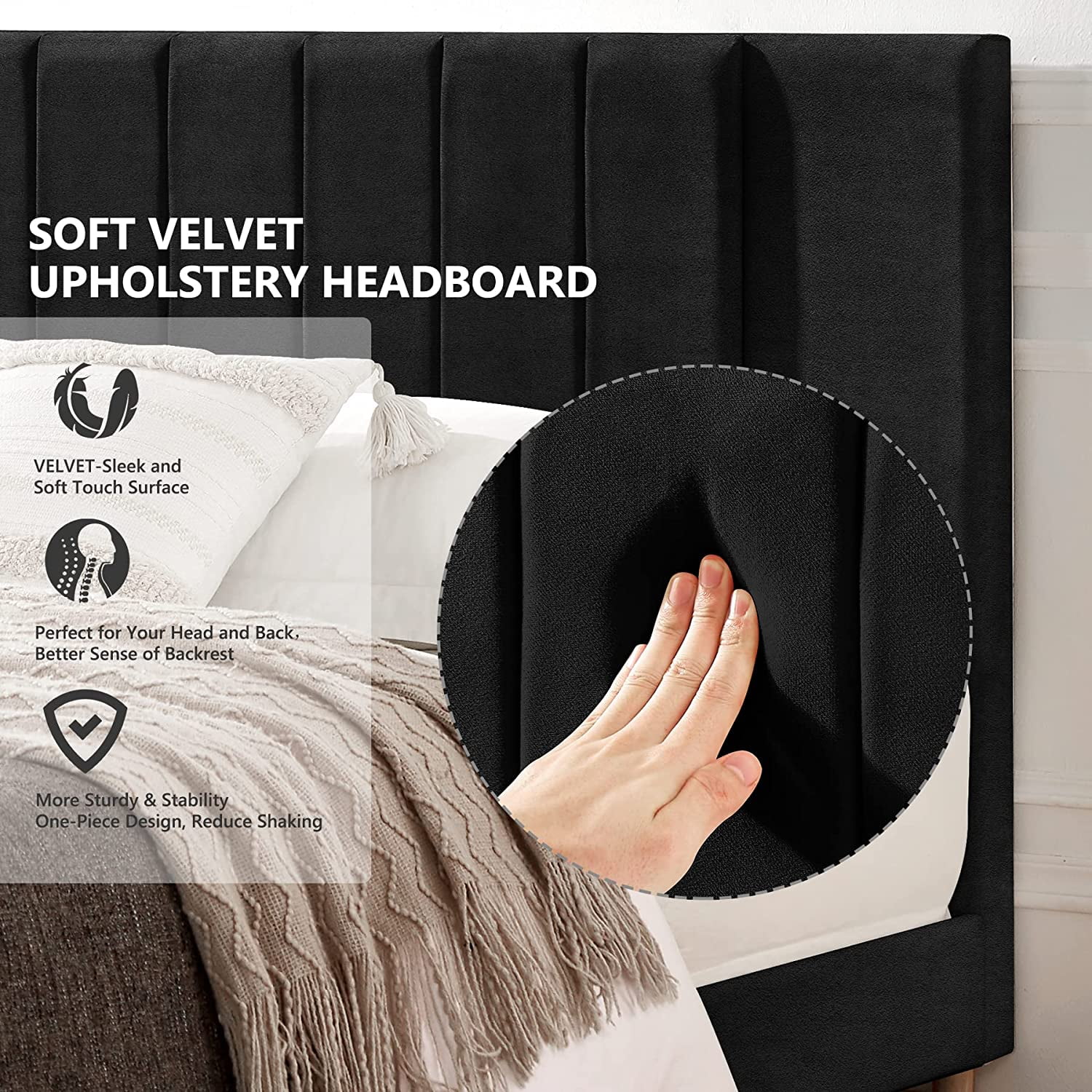 Flolinda Queen Bed Frame Upholstered Bed Frame with Vertical Channel Tufted Complete High Headboard, Black