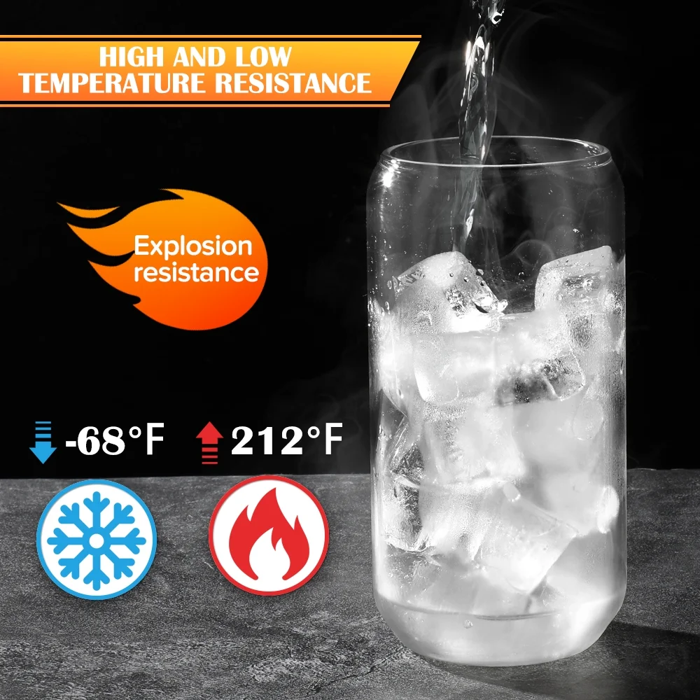 Drinking Glasses with Bamboo Lids and Glass Straw 4 Sets - 16oz Can Shaped Glass Cups, Beer Glasses, Iced Coffee Glasses, Cute Tumbler Cup, Ideal for Cocktail, Whiskey, Gift - 2 Cleaning Brushes