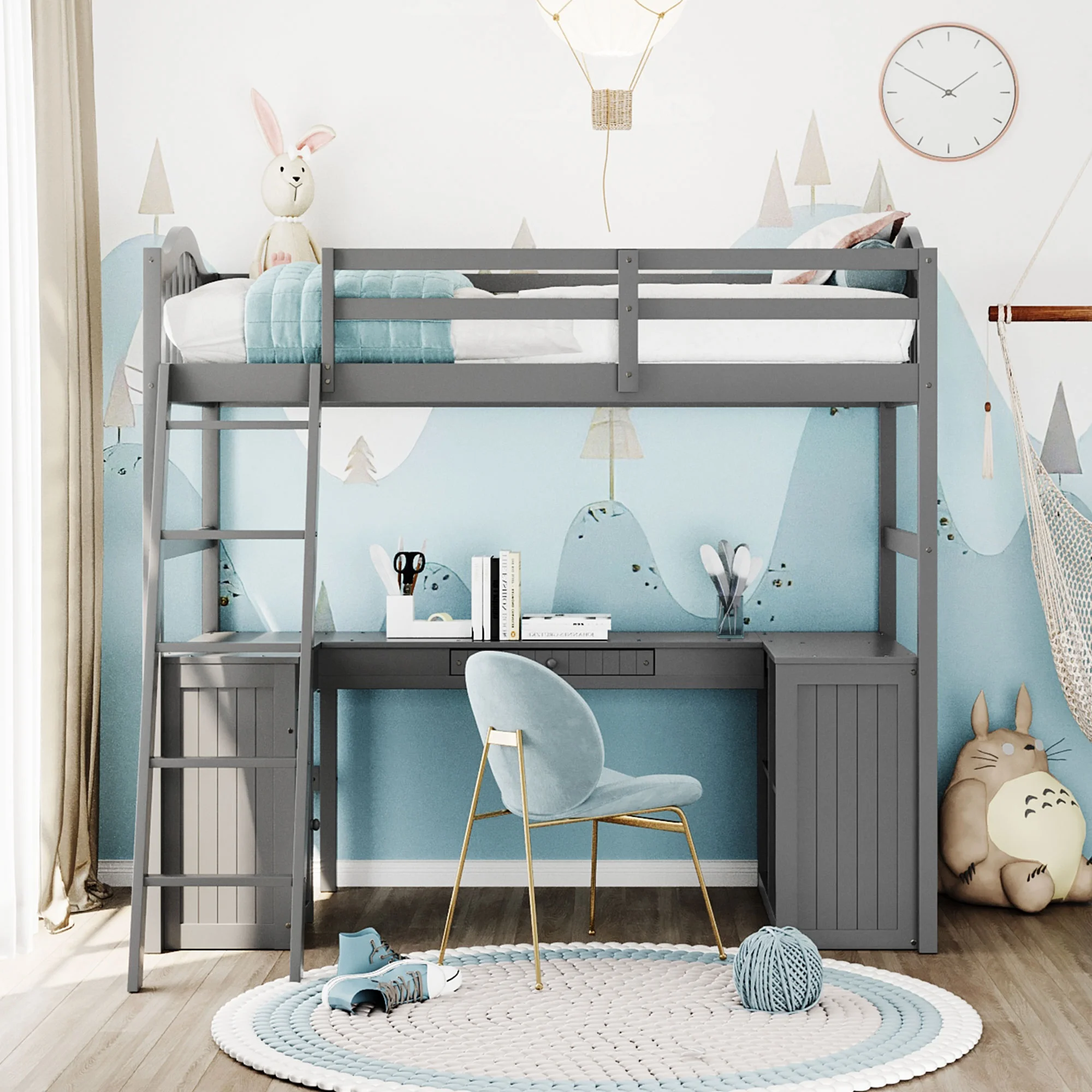 CoSoTower Twin size Loft Bed with Drawers, Cabinet, Shelves and Desk, Wooden Loft Bed with Desk - Gray
