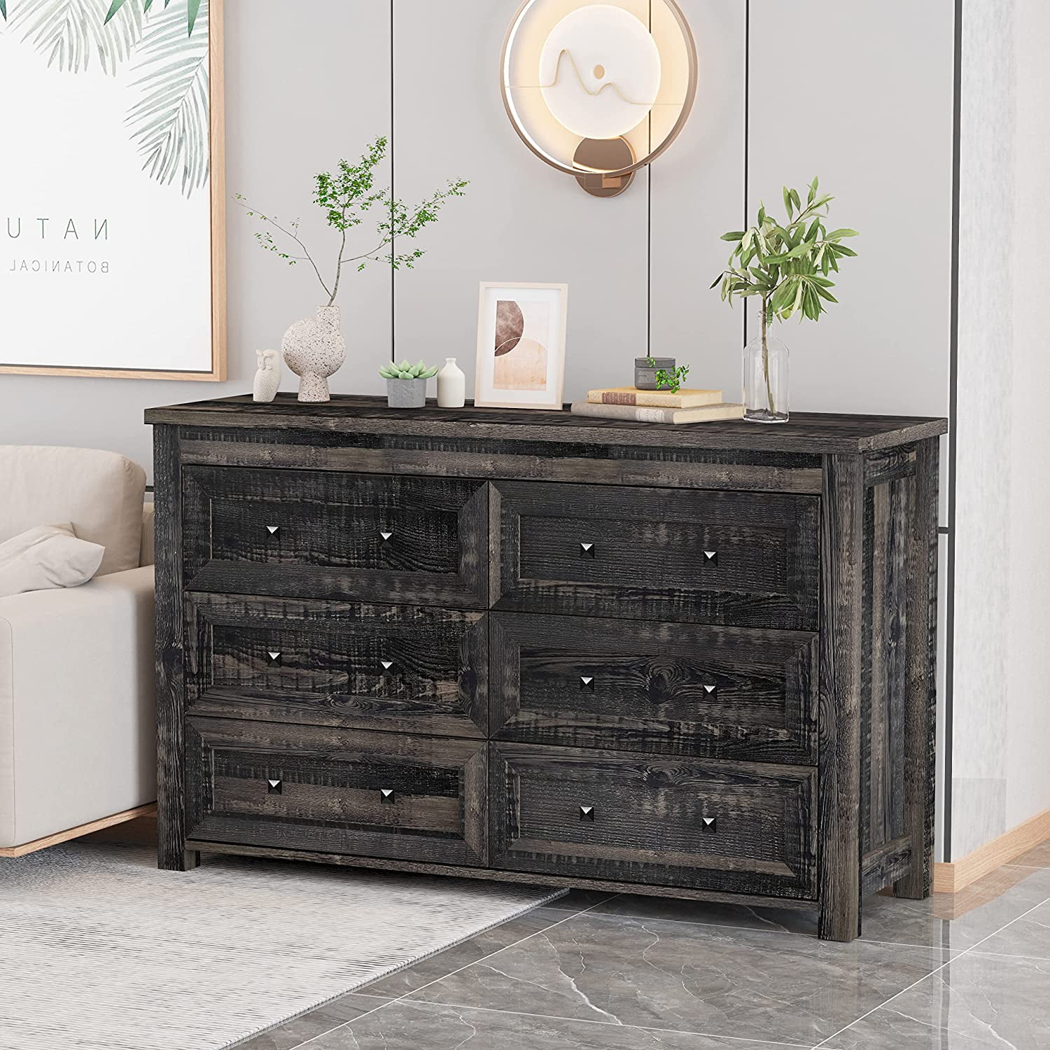 6 Drawer Dresser Chests Farmhouse Storage Chest of Drawers Wood Dresser with Metal Handles Dressers Organizer for Bedroom  Living Room Hallway Dark Rustic Oak