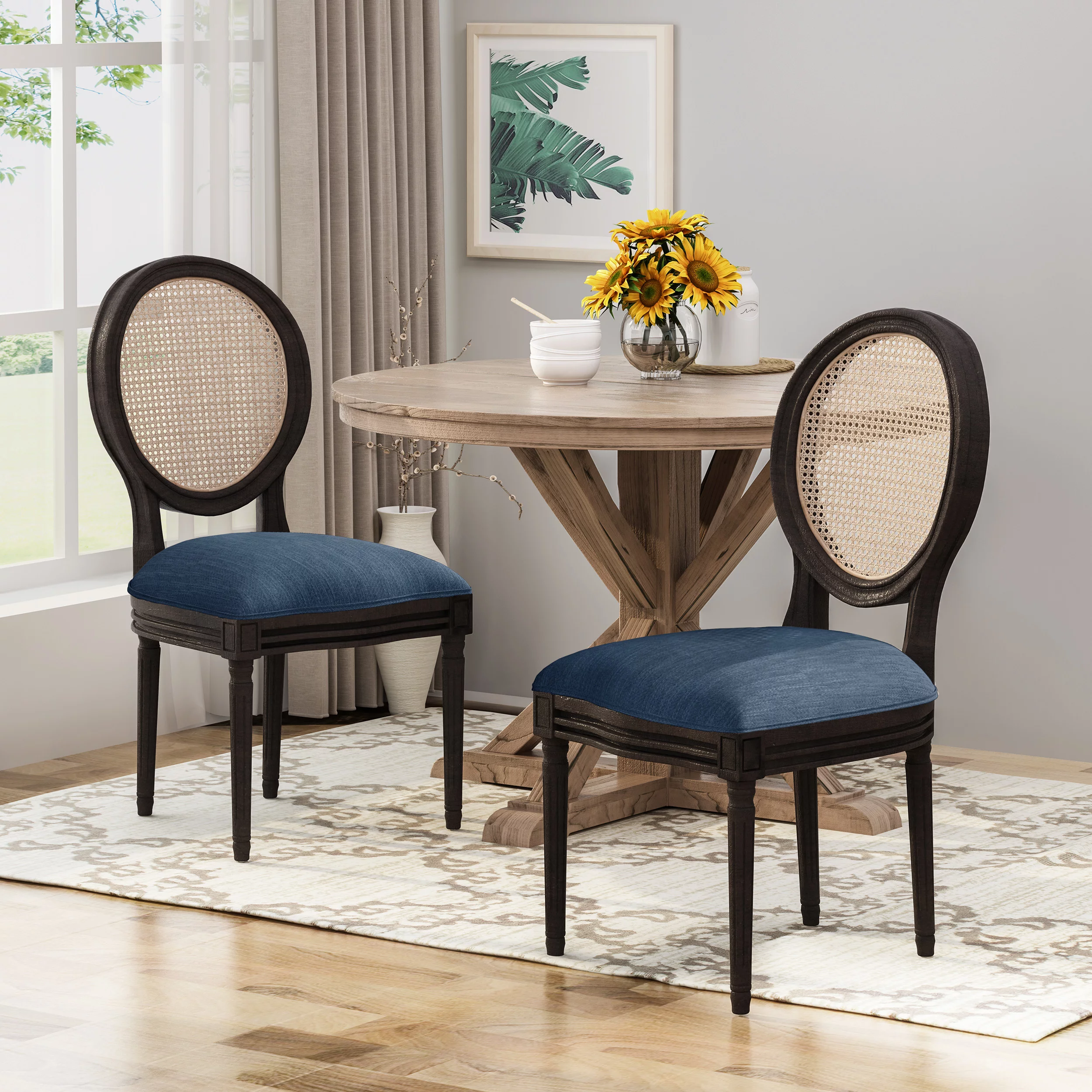 GDF Studio Towner French Country Fabric Wood and Cane Dining Chairs, Set of 2, Navy Blue, Natural, and Dark Brown