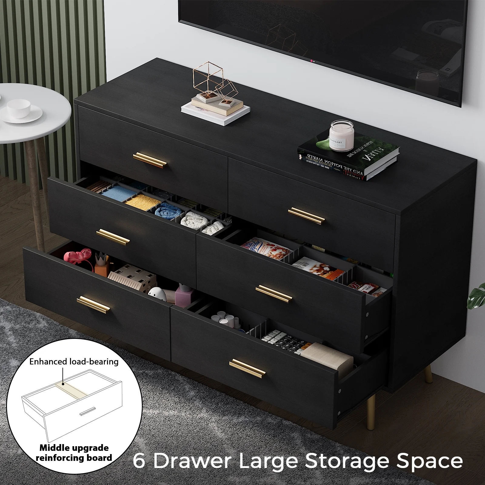 REHOOPEX Black Dresser for Bedroom, Wood Dressers & Colthes Chests of 6 Drawers for Home