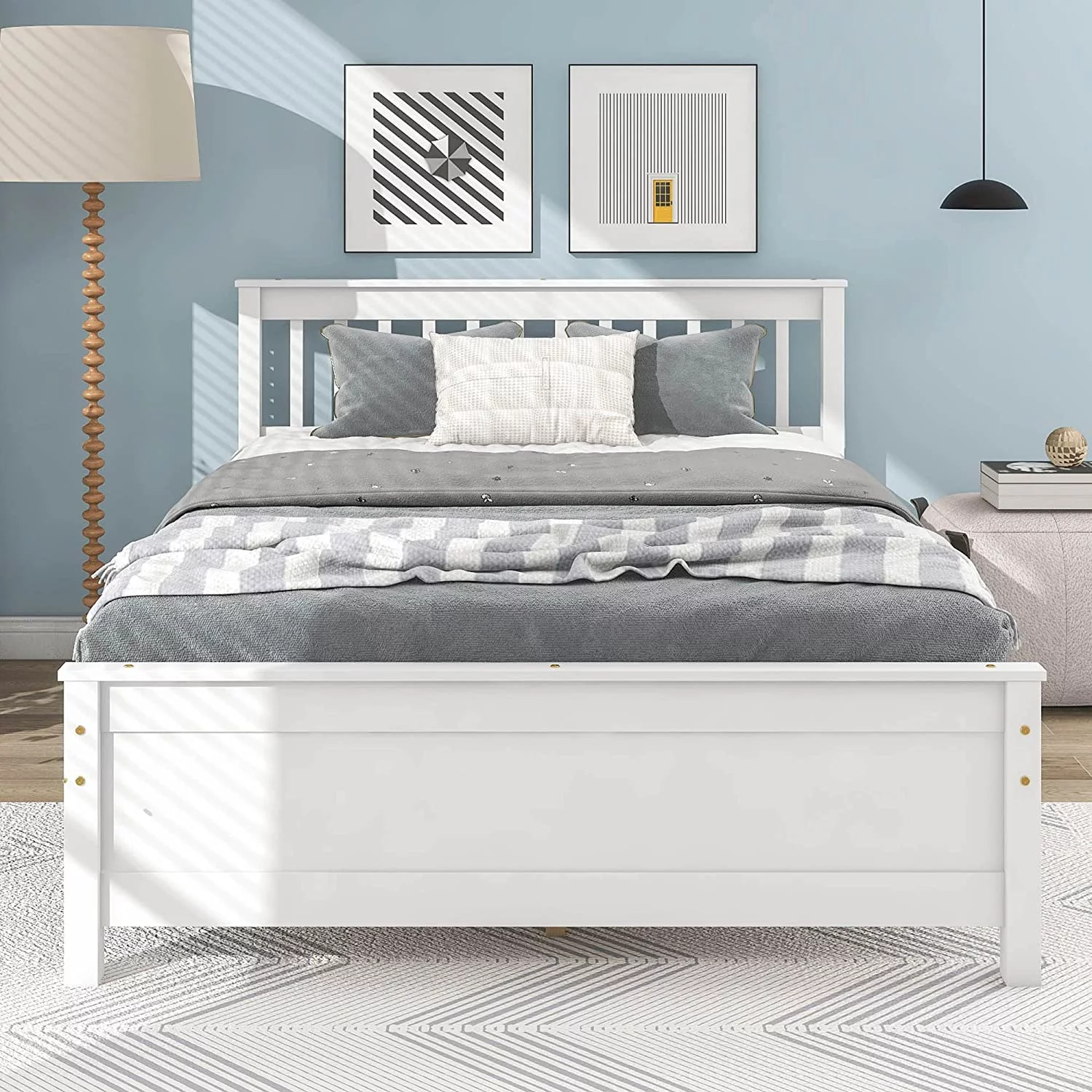 Full Bed Frame with Nightstand Full Size Bed Frame for Kids, Teens, Adults with Slats, Headboard & Footboard, Wood Full Size Platform Bed for Bedroom Small Living Space, No Box Spring Needed-White