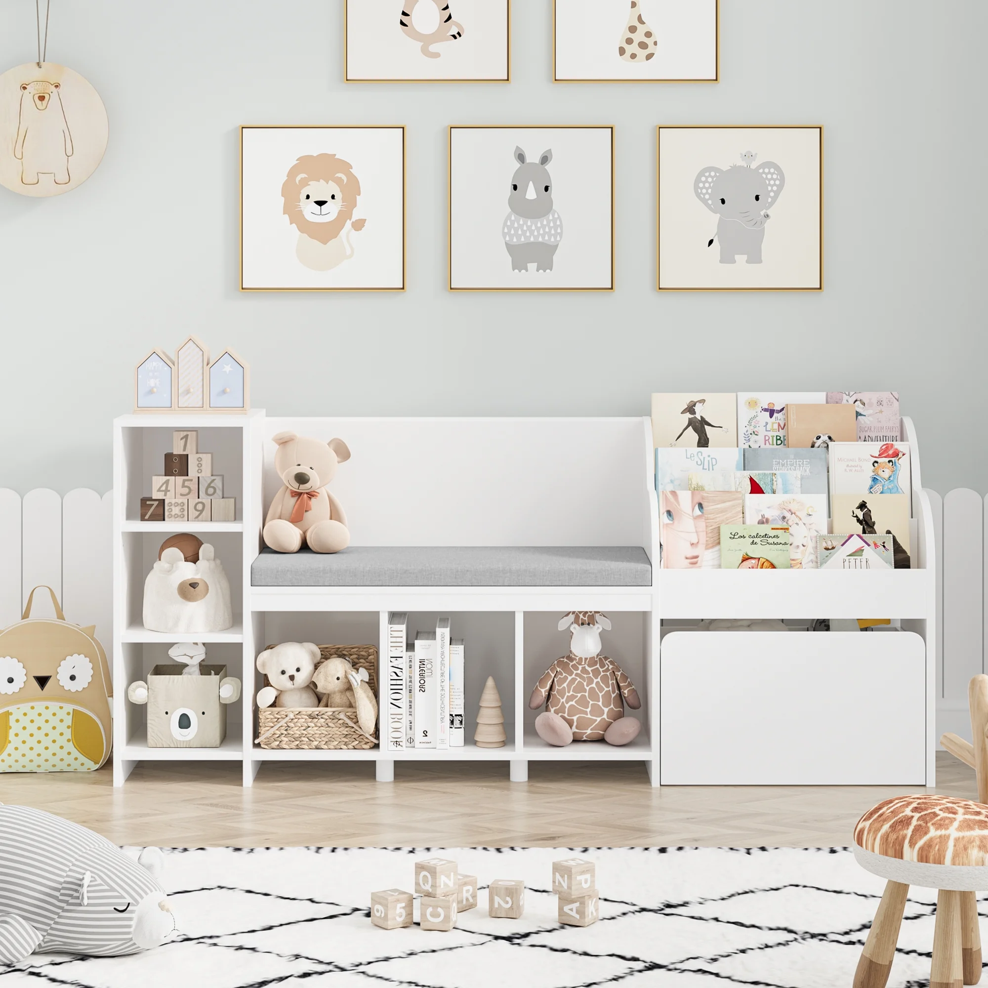 Homfa Kids Bookshelf with Reading Nook, 6 Shelf Bookcase with 1 Wood Toy Bin with 3 Tier Book Rack for Children Kidsroom