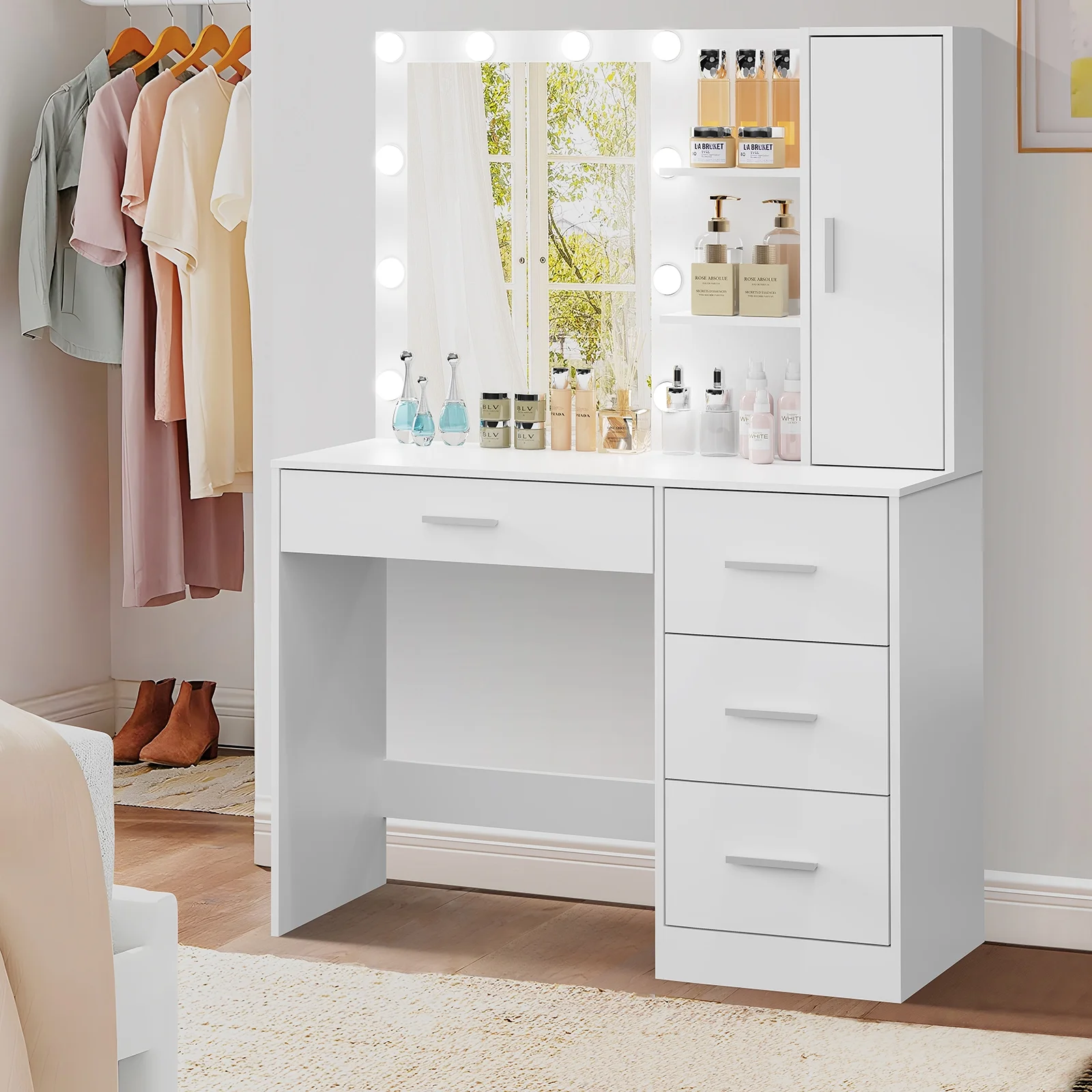 USIKEY Makeup Vanity with Lighted Mirror, Vanity Desk with 4 Drawers and Open Shelves for Bedroom,White YSZT036WD