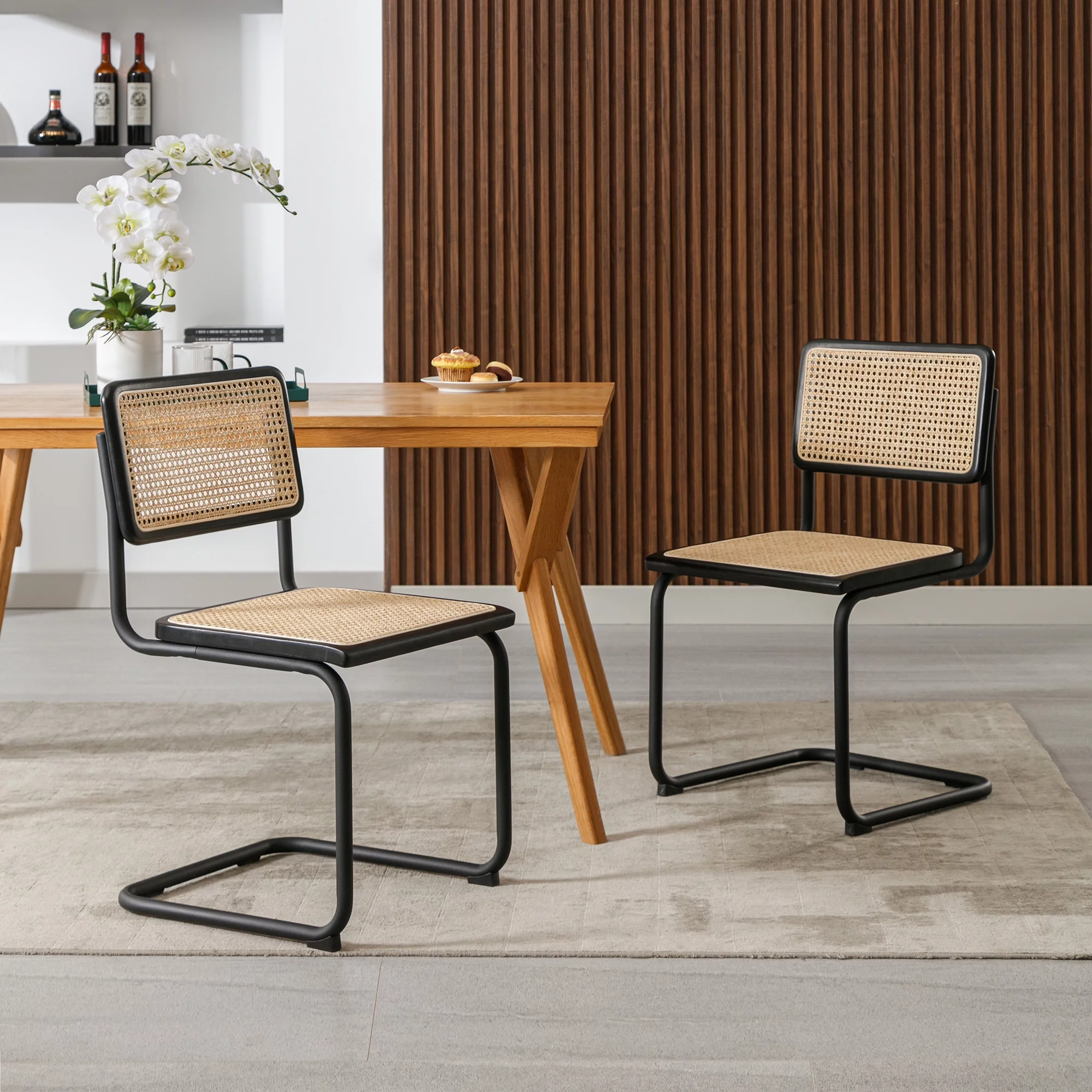 ONEVOG Rattan Dining Chairs Set of 2, Mid Century Modern Kitchen Chairs with Black Meal Legs, Armless Cane Chairs, Black