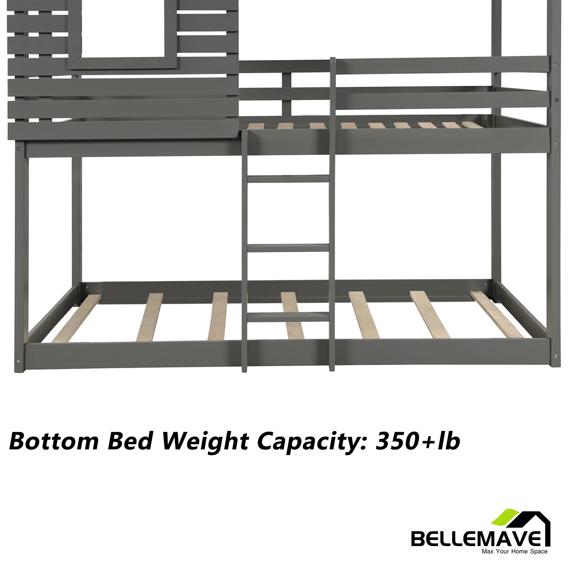Bellemave Twin over Twin Bunk Bed for Kids, Twin House Bunk Bed with Roof, Window, Guardrail and Ladder, Low House Bunk Bed/Wood Playhouse Bunk Bed for Kids, Girls, Boys(Gray)