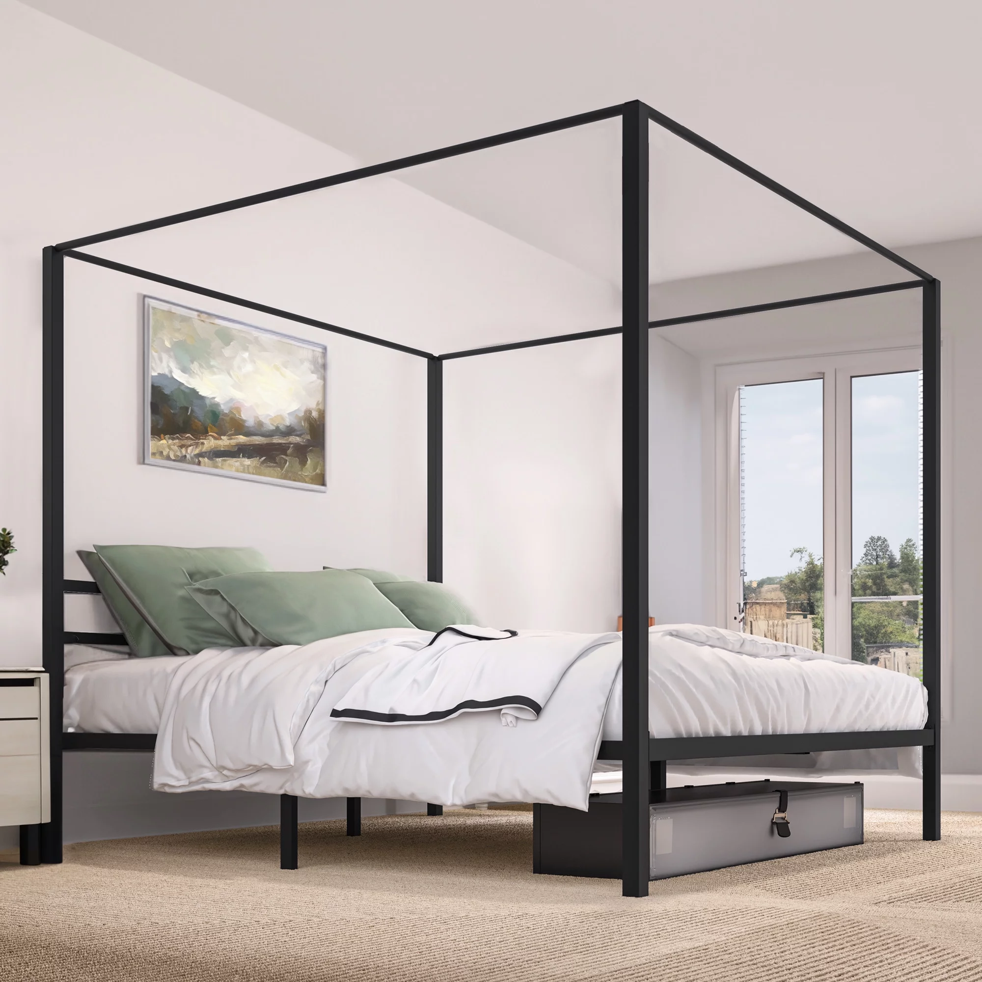 Dextrus King Size Black Canopy Bed Frame with Headboard, Mattress Foundation with Wooden Slats and Steel Structure, No Box Spring Needed