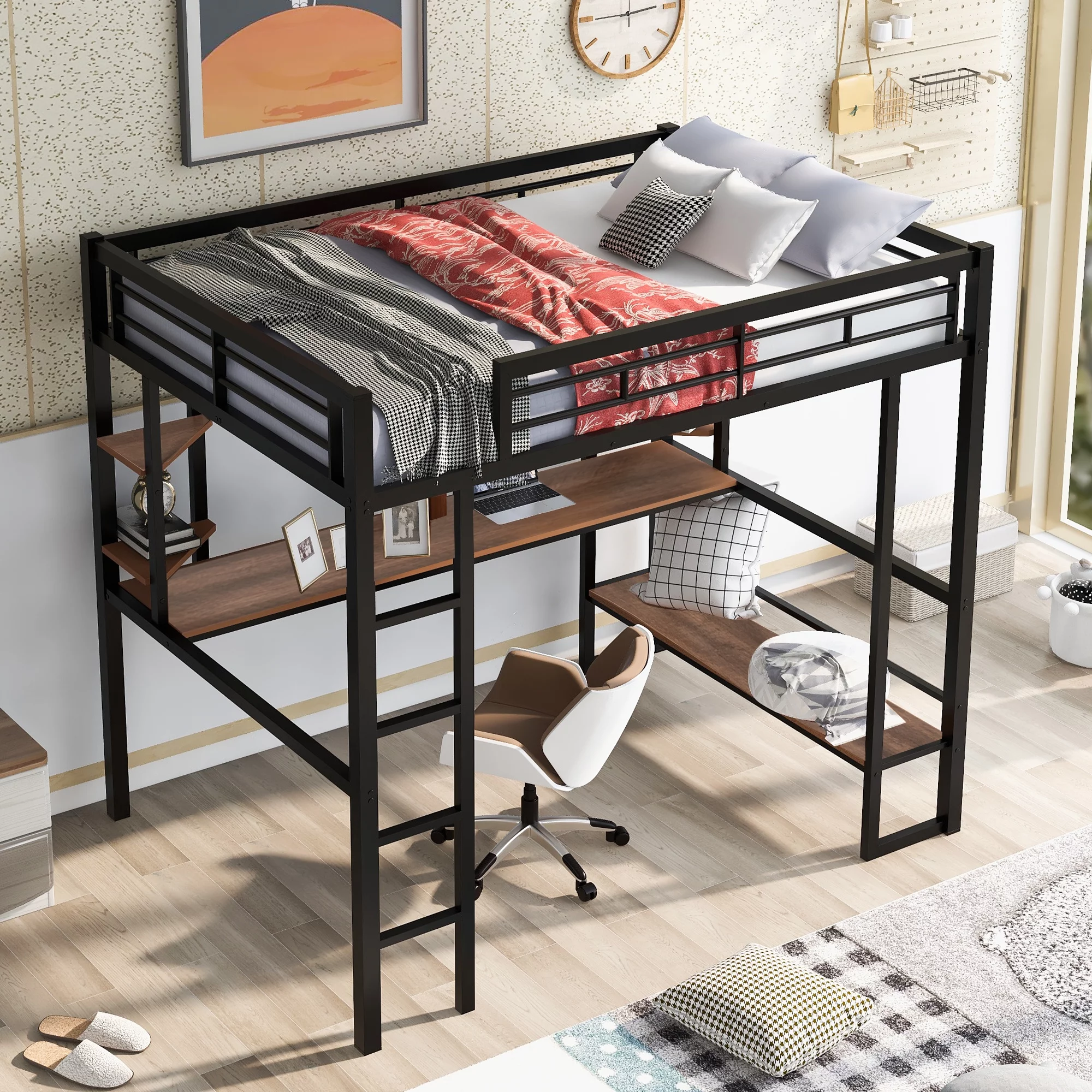 Euroco Full Size Loft Bed with Desk and Shelf, Space Saving Metal Bed, Black