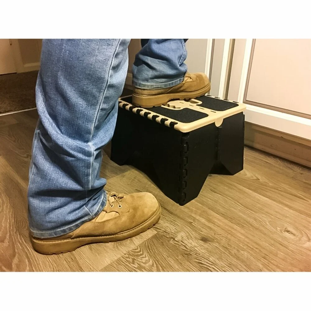 Camco Folding Step Stool | Supports up to 300lbs | Impact resistant Resin, Black and Tan (43638)