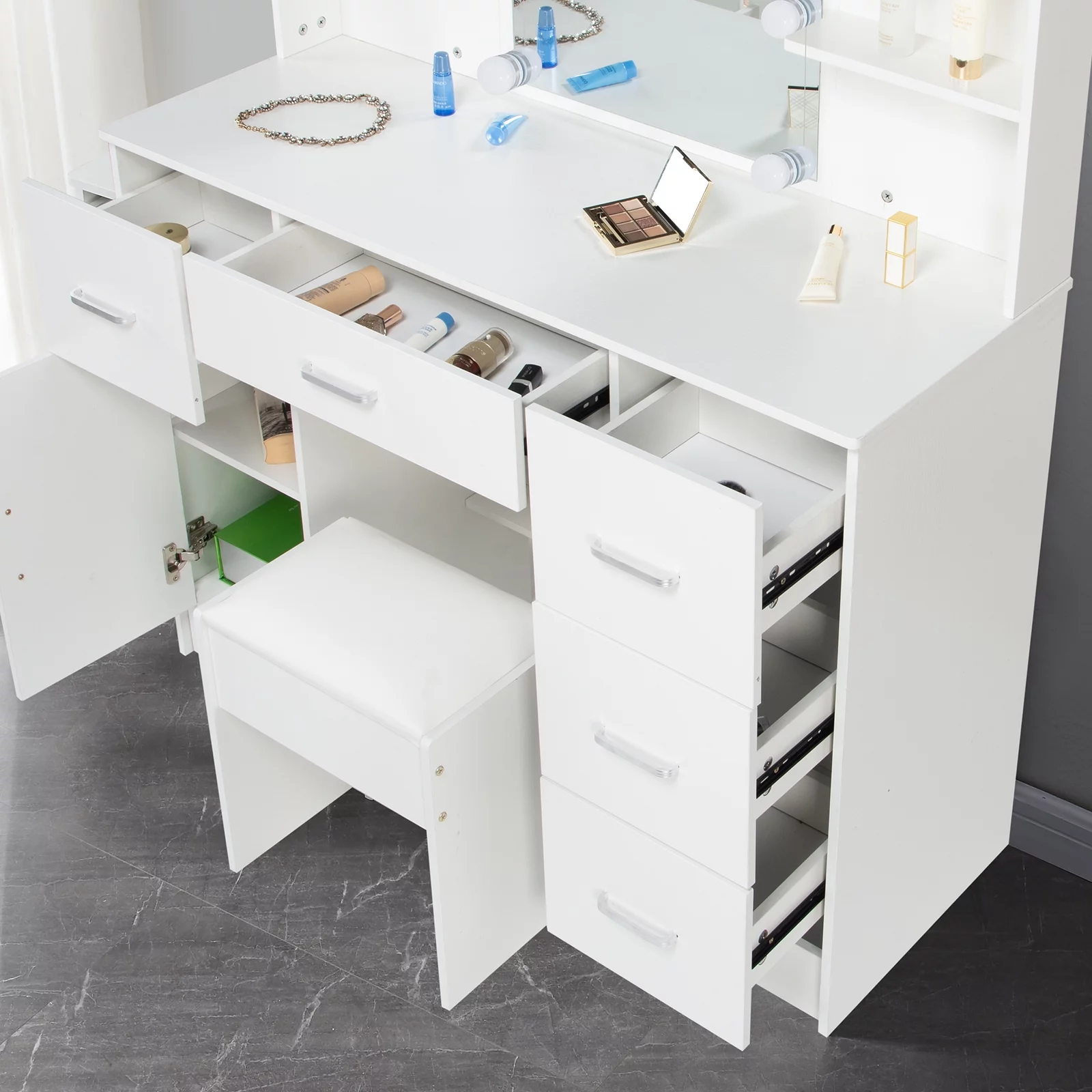 Jarbalai Vanity Set with LED Lights, Makeup Table with Stool, 6 Storage Shelves 5 Drawers, Dressing Table Dresser Desk for Women, Girls, Bedroom, White
