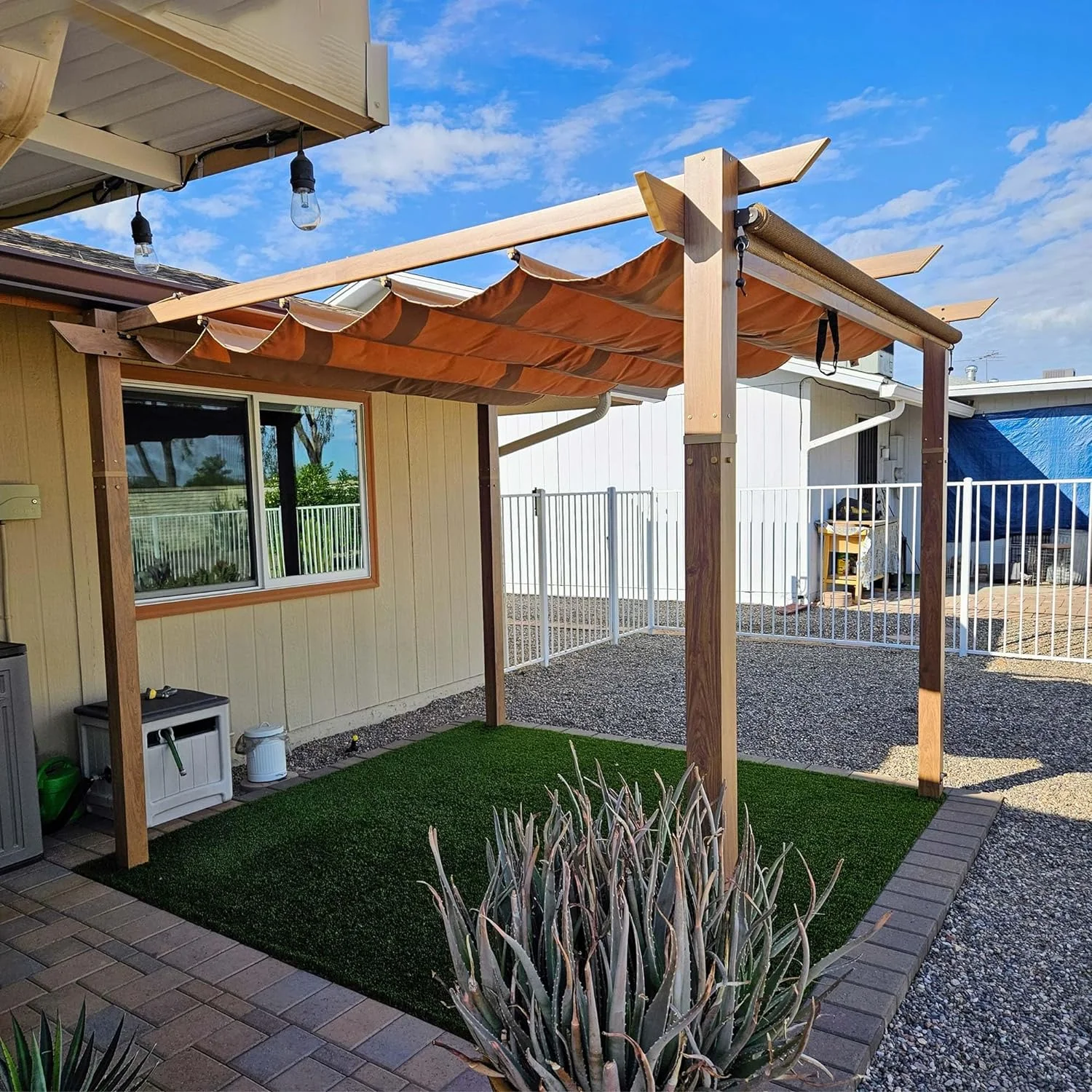 PURPLE LEAF 10' x 10' Outdoor Retractable Pergola with Sun Shade Canopy Patio Metal Shelter for Garden Porch Beach Pavilion Natural Wood Grain Aluminum Frame Modern Yard Grill Pergola, Beige