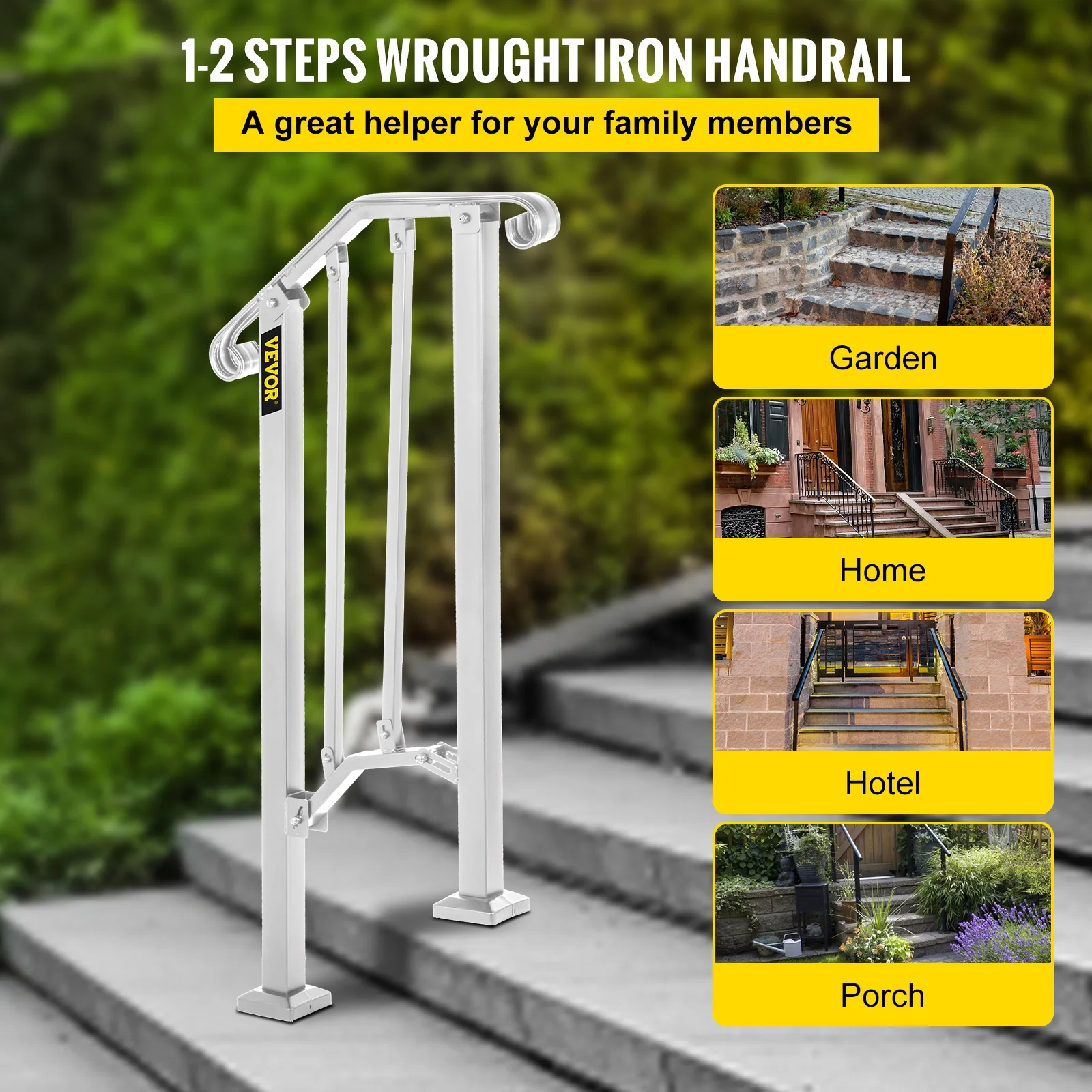 VEVORbrand Handrail for Stairs Outdoor Step Handrail Picket 1 Fits 1 or 2 Steps Rail Height adjustable Wrought Iron Handrail, Matte White