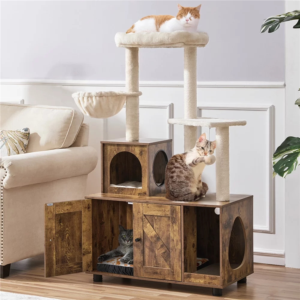 Easyfashion Wooden Litter Box Enclosure with Cat Tree Tower,Rustic Brown/Beige