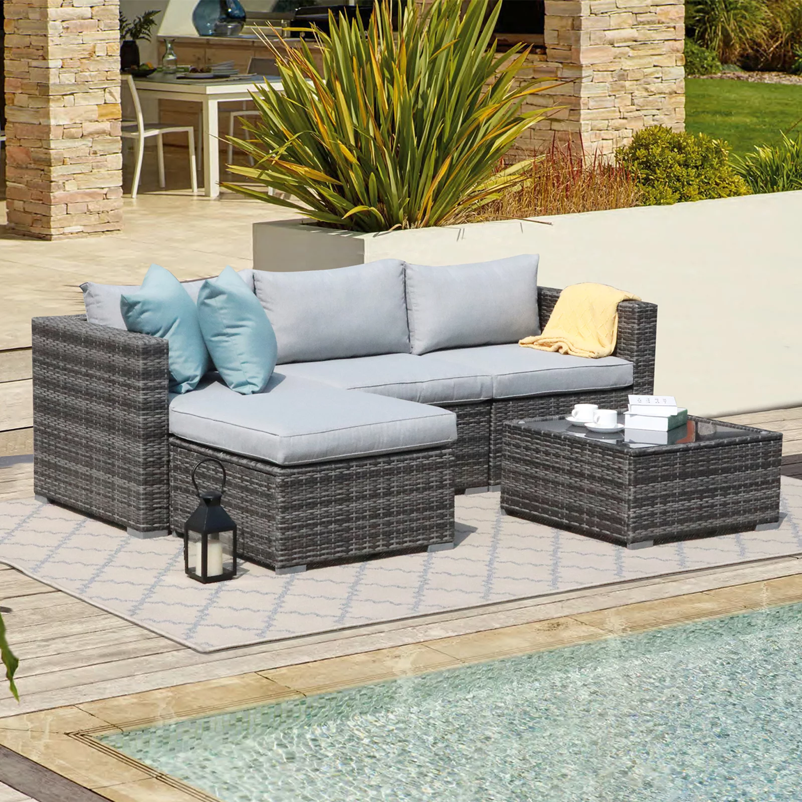 JOIVI 5 Pieces Outdoor Patio Furniture Set, All Weather PE Gray Wicker Rattan Sectional Furniture Set with Coffee Table, Light Gray