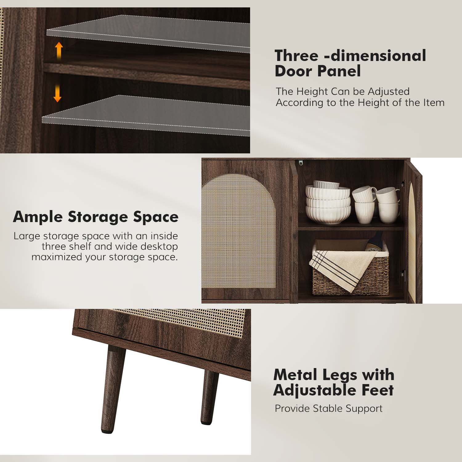 56'' Wood Rattan Arched 3 Doors Sideboard Buffet Cabinet Storage Credenza TV Stand Dining Metal Legs Home Kitchen Living Room Walnut