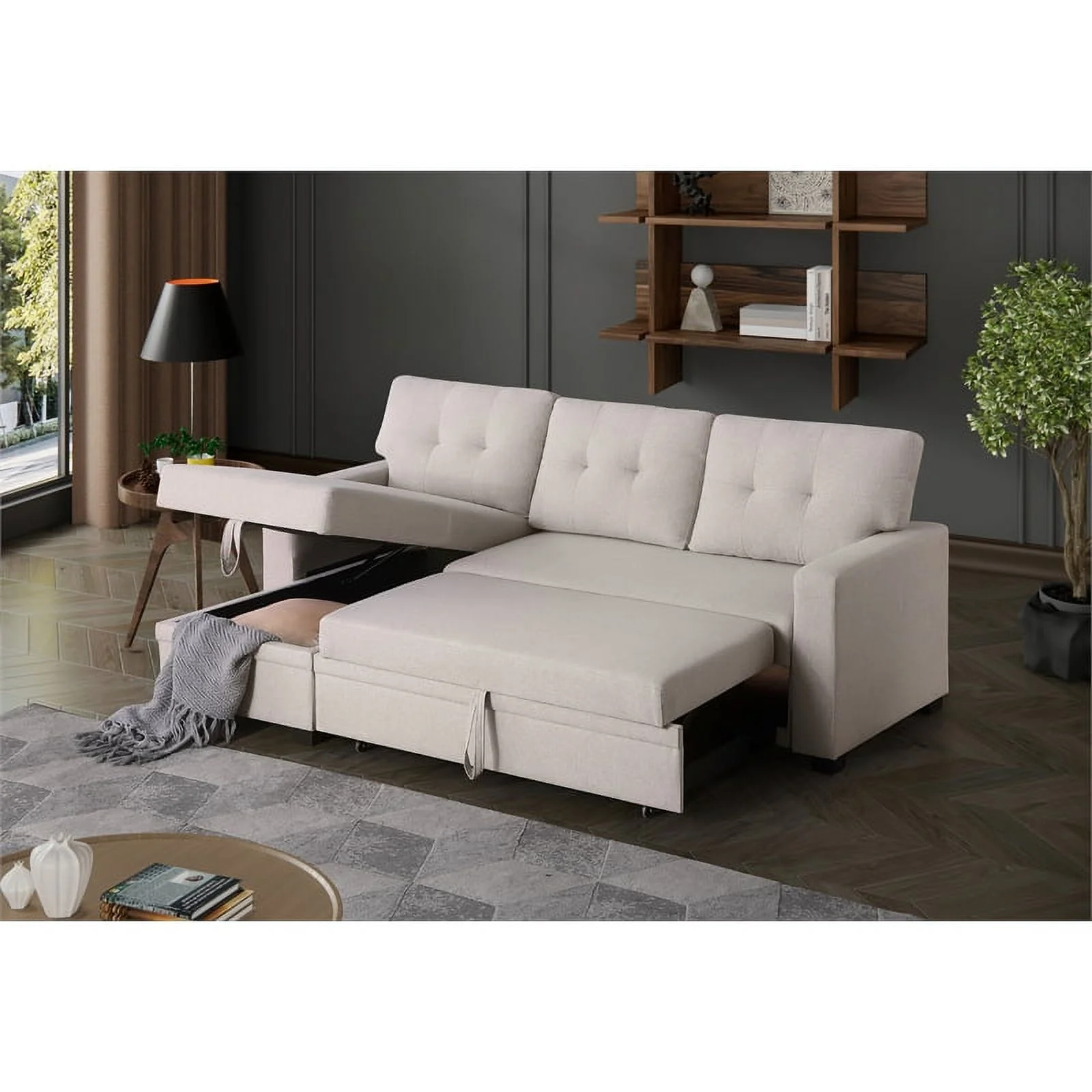 Devion Furniture Polyester Fabric Reversible Sleeper Sectional Sofa-Beige