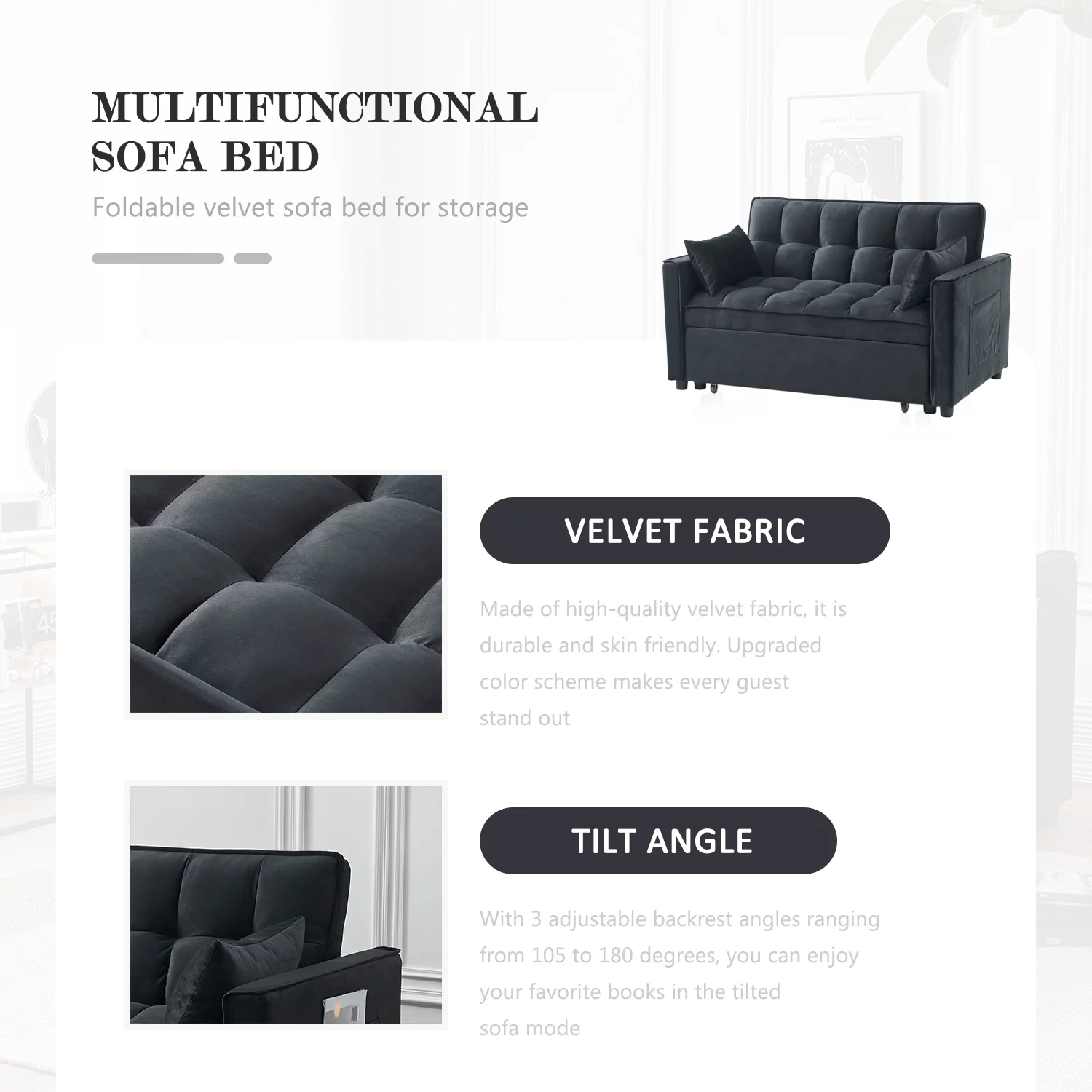 Tzicr 55.5'' 3-in-1 Convertible Sleeper Sofa Bed, Modern Velvet Loveseat Futon Couch Pullout Bed with Adjustable Backrest, Side Storage Pockets and Pillows. (Black)