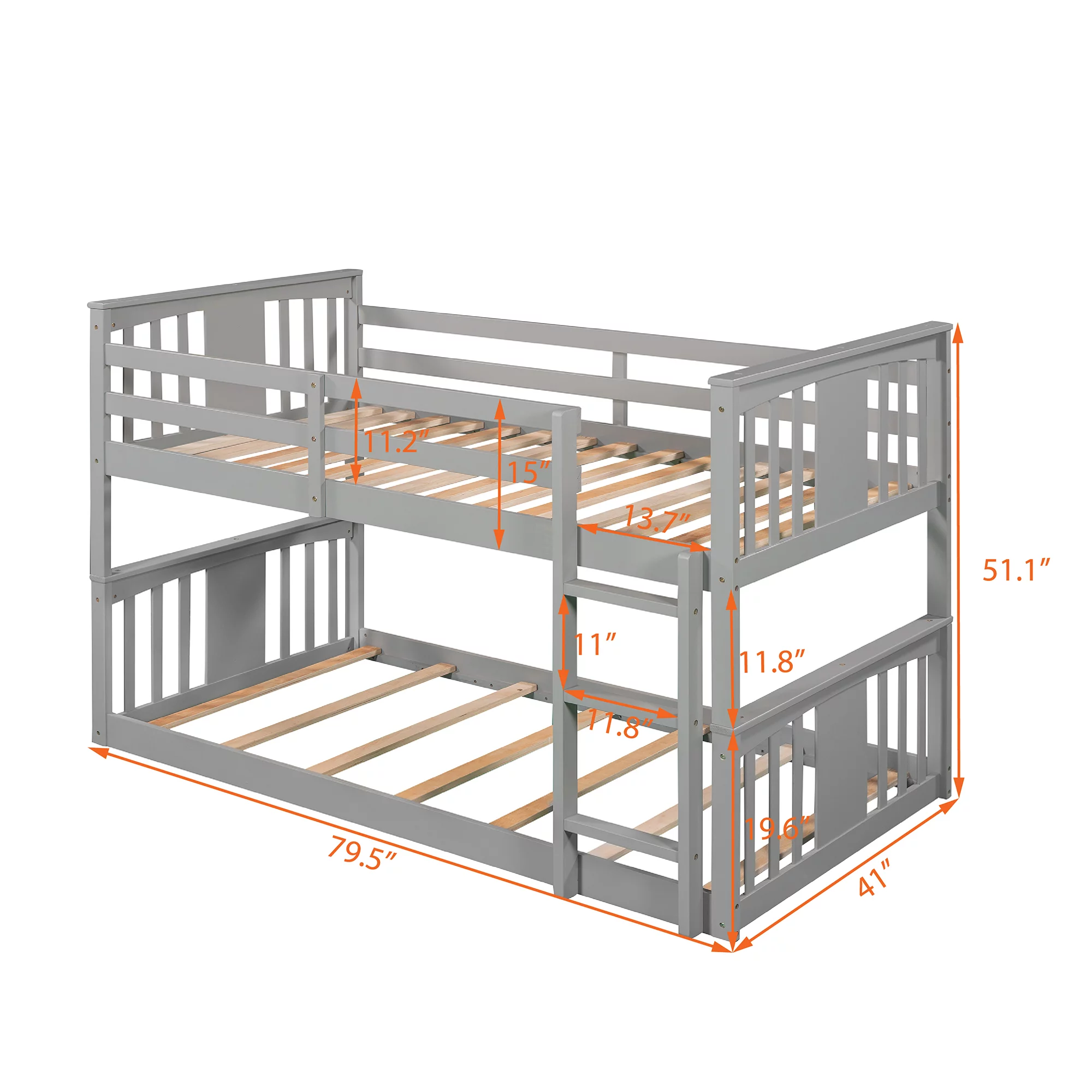 Gray Twin Over Twin Bunk Bed with Ladder