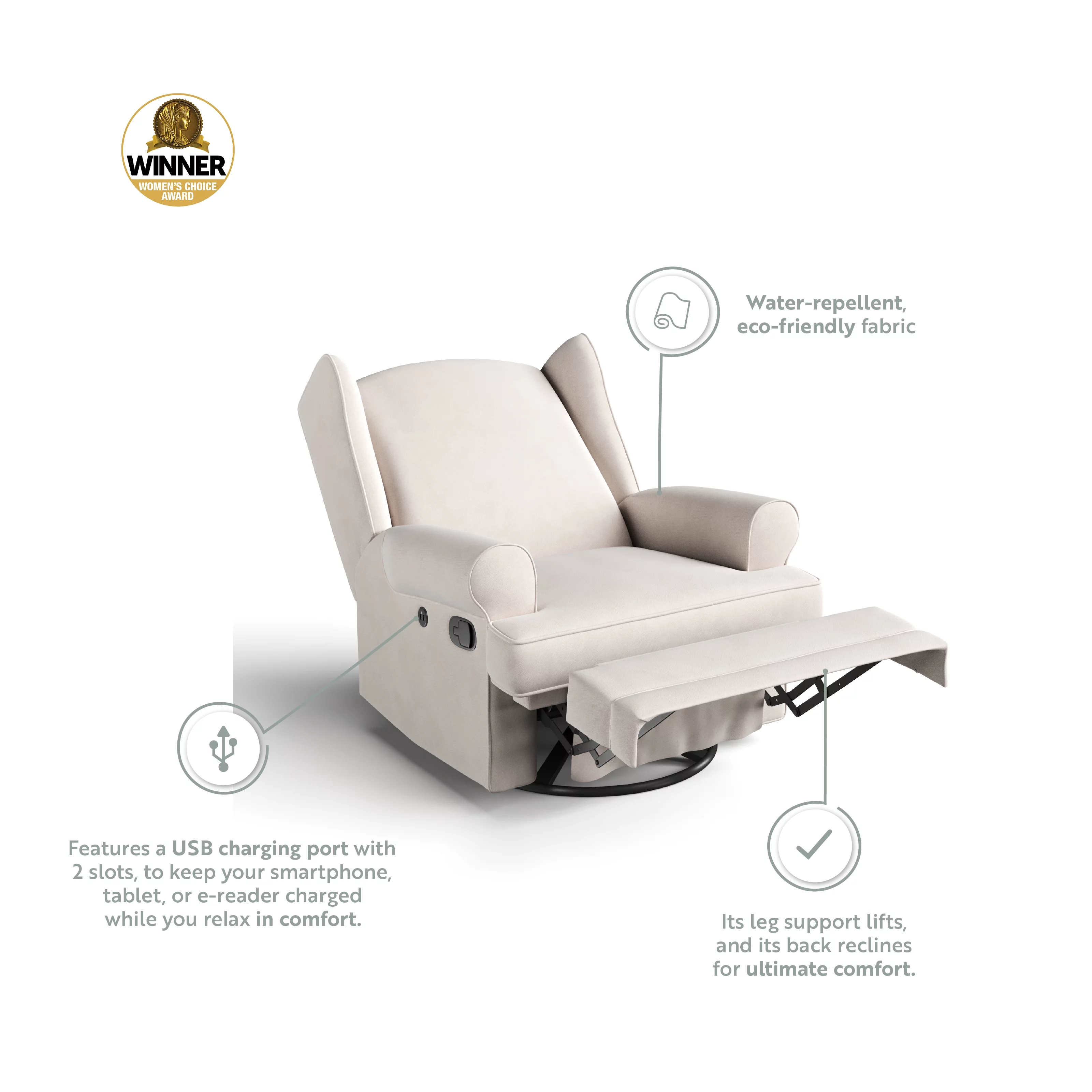 Storkcraft Serenity Wingback Children's Nursery Recline Glider with USB, Ivory