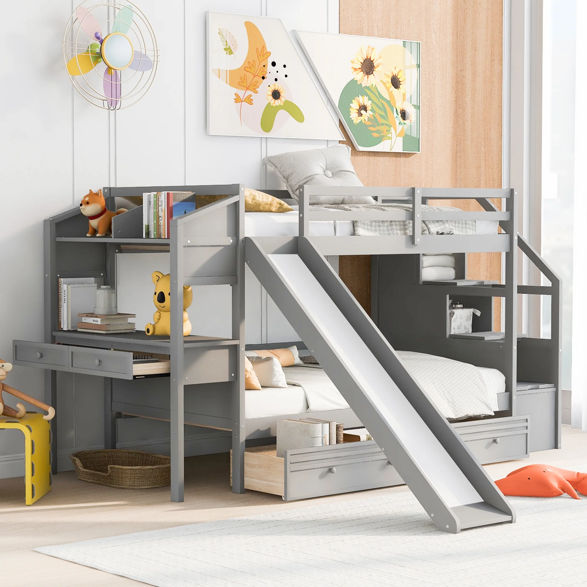 Euroco Wood Twin over Twin Bunk Bed with Desk and Slide, 4 Drawers and Shelf, Bookcase and Storage Staircase for Kids, Gray