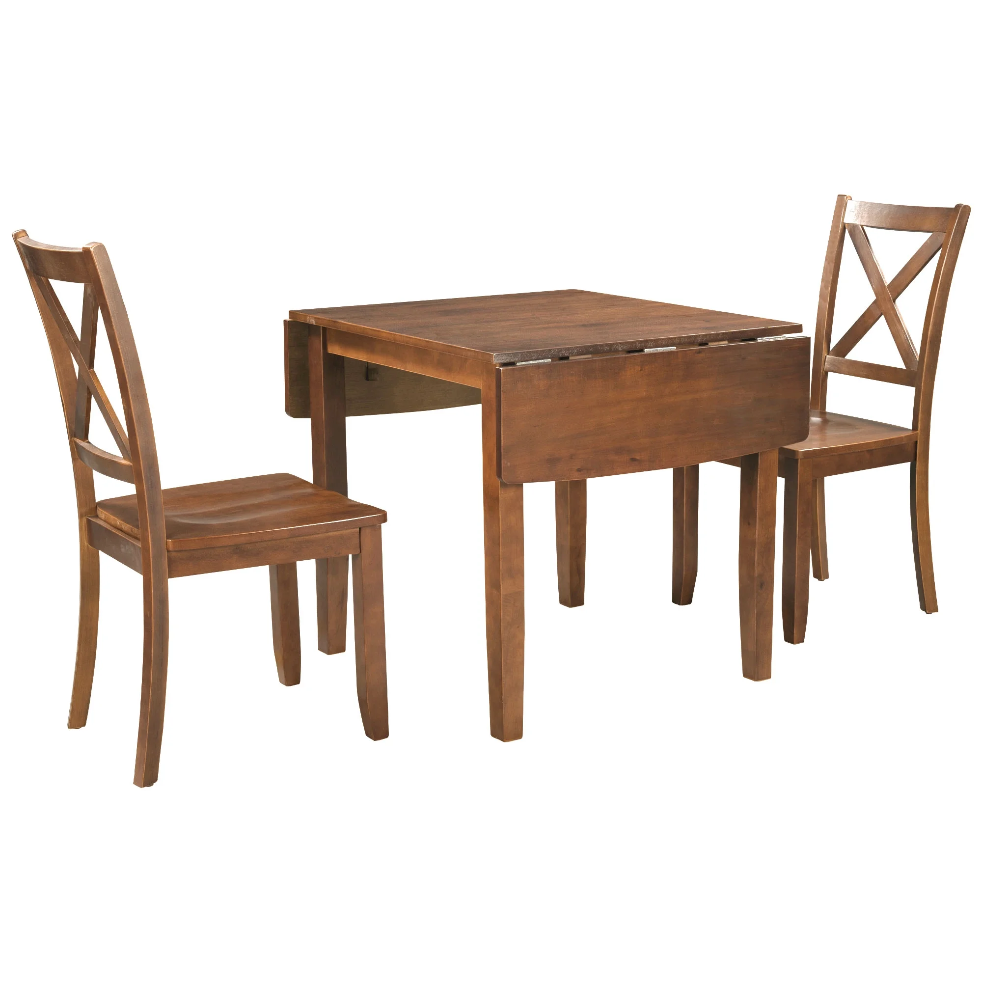 PAPROOS 3 Piece Wood Dining Table Set with Drop Leaf and 2 X-back Chairs, Modern Dining Room Table and Chairs Set for Small Space, Brown