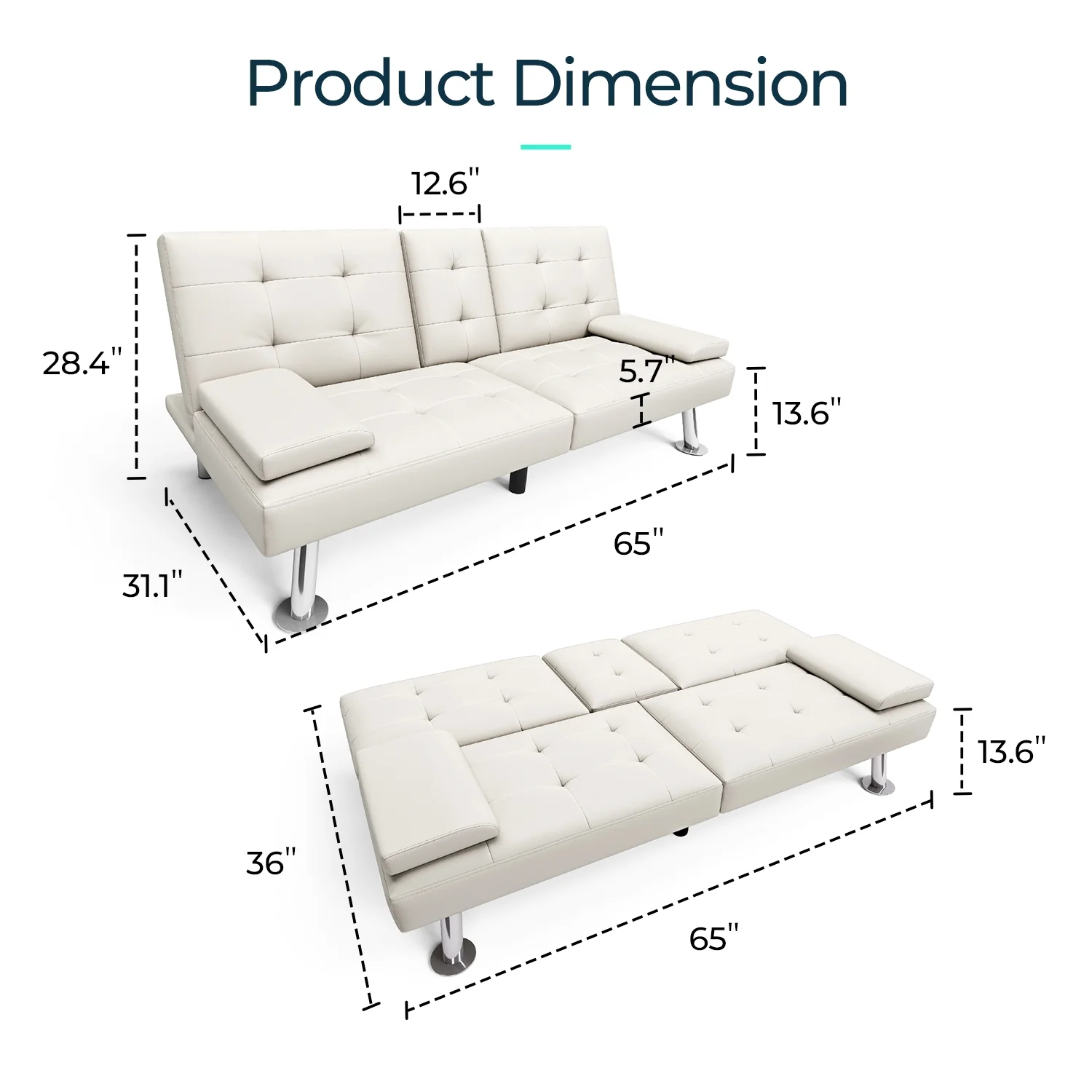 LINSY HOME Faux Leather Upholstered Convertible Futon Sofa Bed for Compact Living Space, Apartment, Dorm, White
