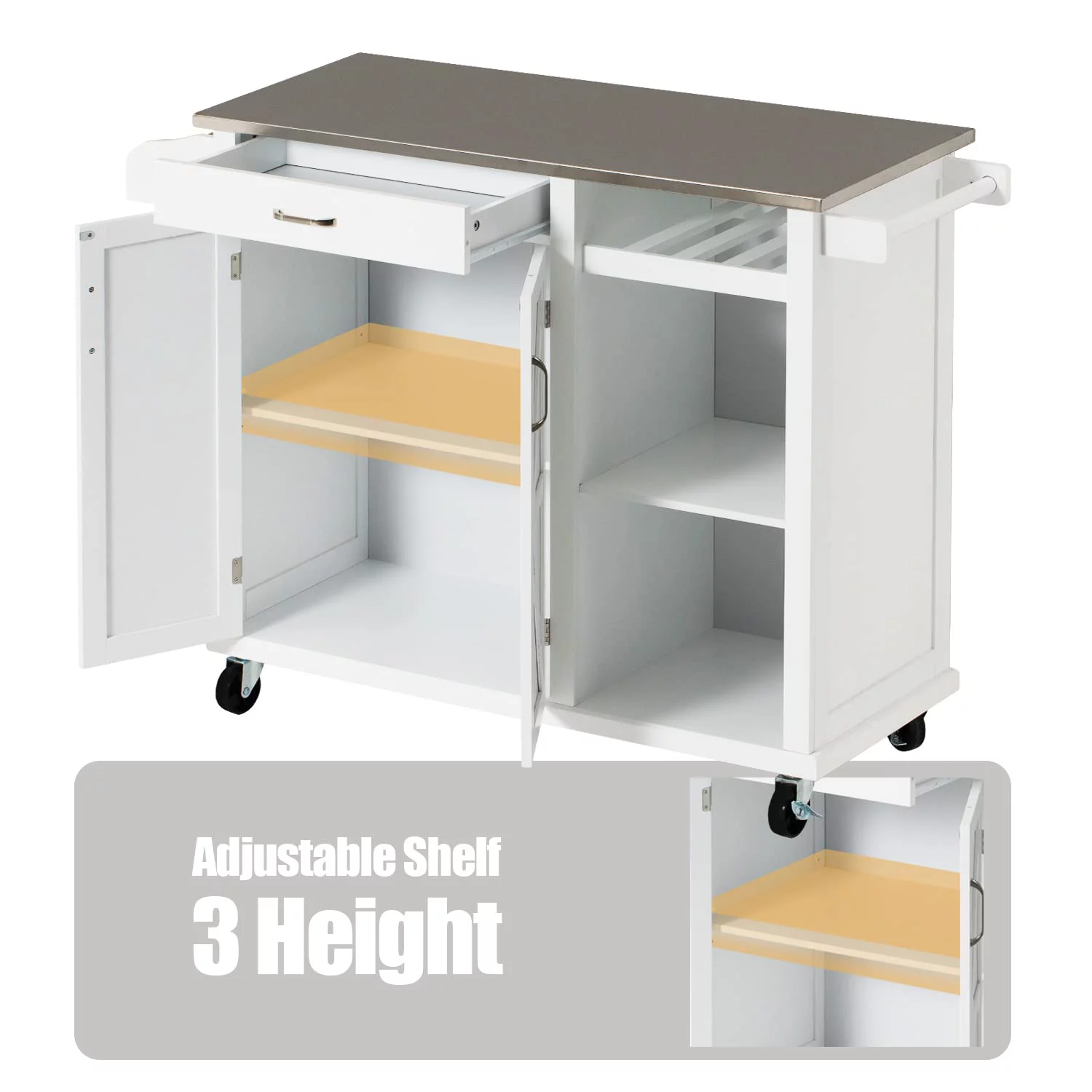 Rolling Kitchen Island Cart with Stainless Steel Top and Wine Rack, Kitchen Island on Wheels with Drawer & Open Shelves & Spice Rack(White-Stainless Top)