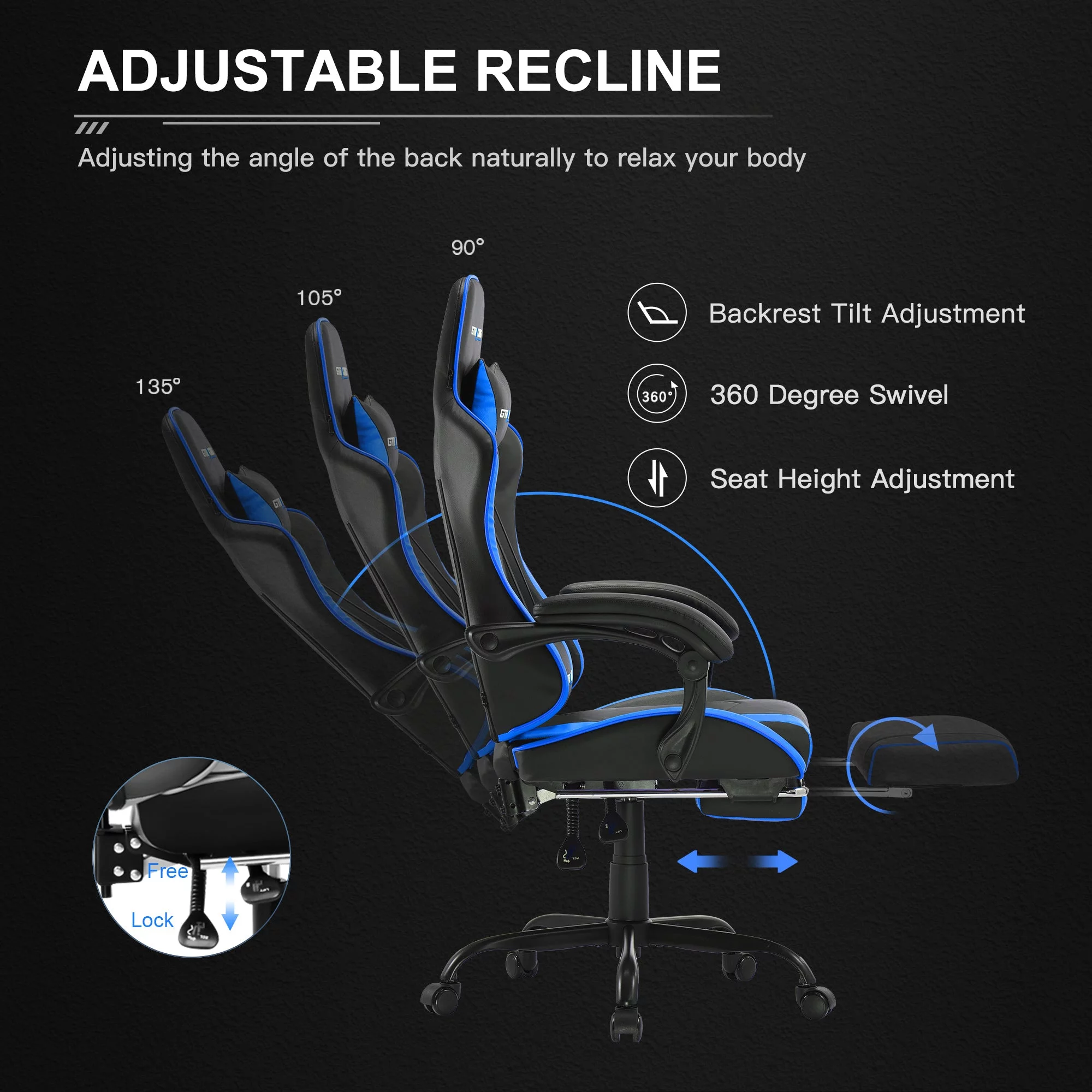 GTRACING GTWD-200 Gaming Chair with Footrest, Height Adjustable Office Swivel Recliner, Blue