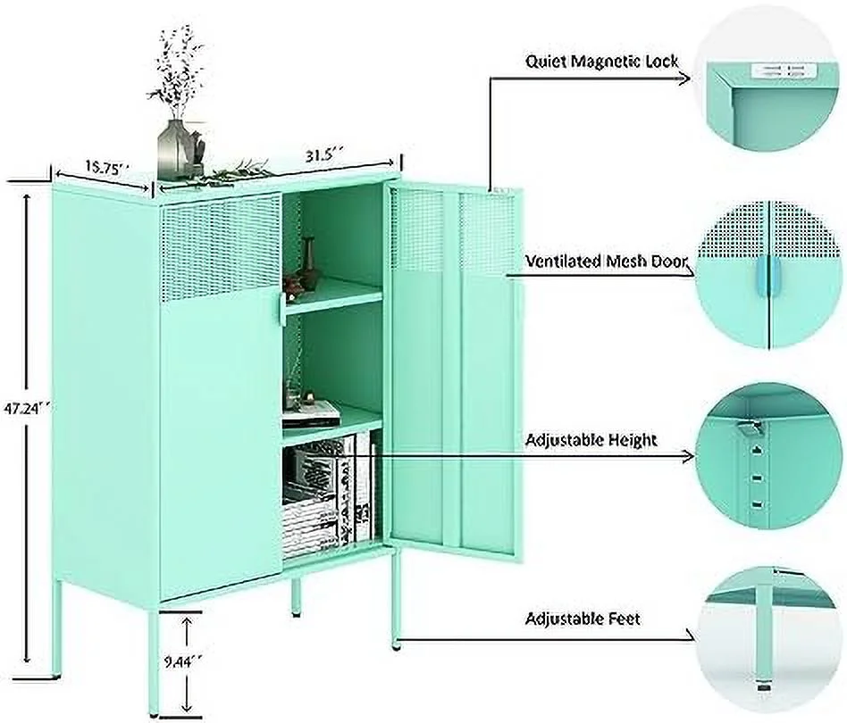 HBBOOMLIFE Metal Locker  Cabinet with Mesh Door & Adjustable Shelves Metal Sideboard Bathroom  Cabinet Metal Dresser Steel Cabinet for Home Office Kitchen (Mint Green)