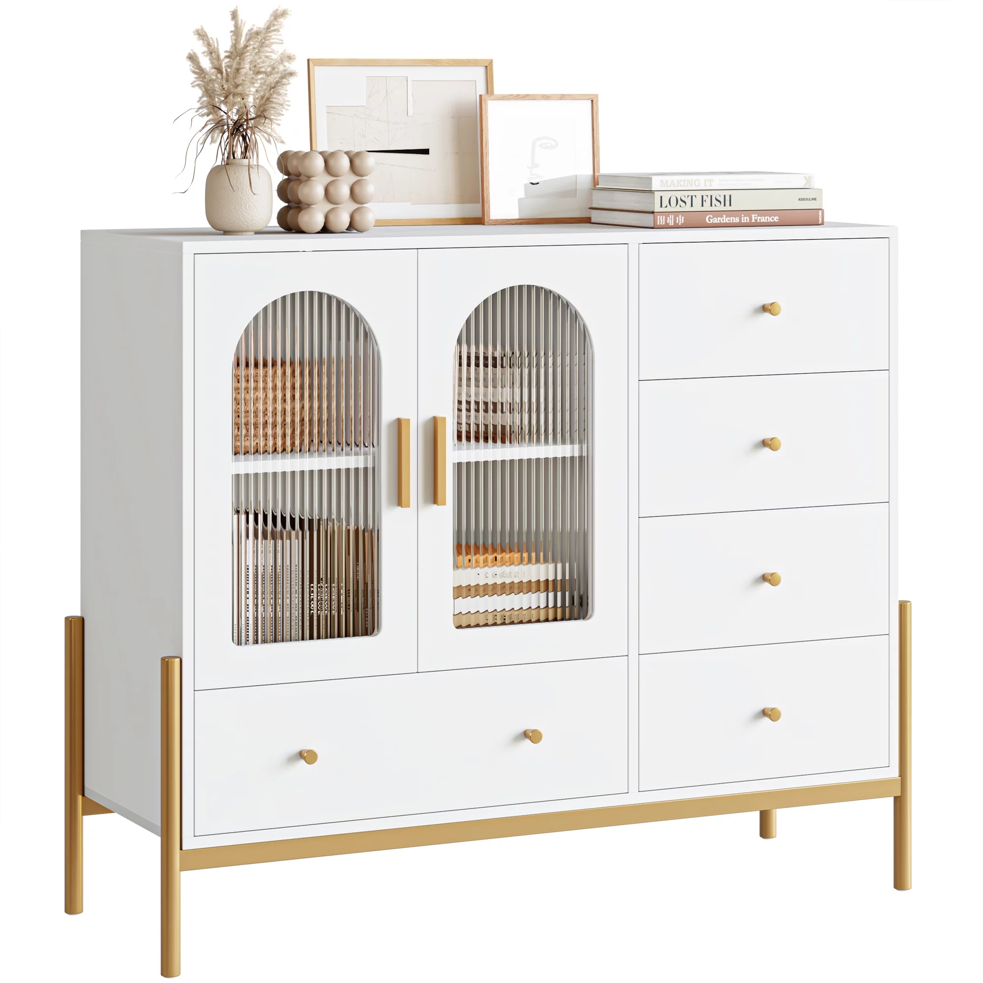 Homfa 5 Drawer Dresser for Bedroom, Modern Accent Storage Cabinet with Glass Door and Metal Base for Adult, White