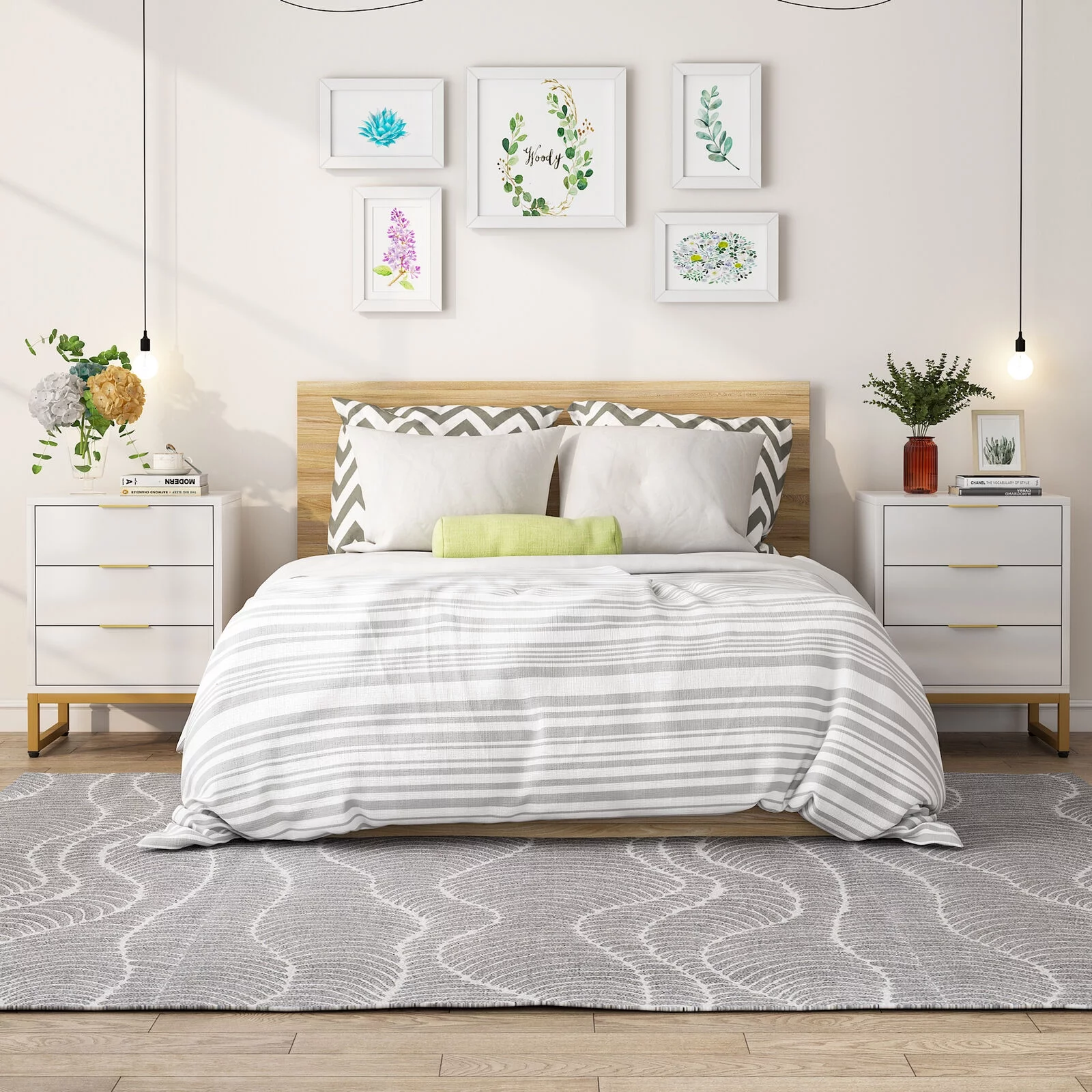 Tribesigns 3 Drawers Nightstand, Living Room White & Gold Side End Table, Bedside Table with Metal Frame