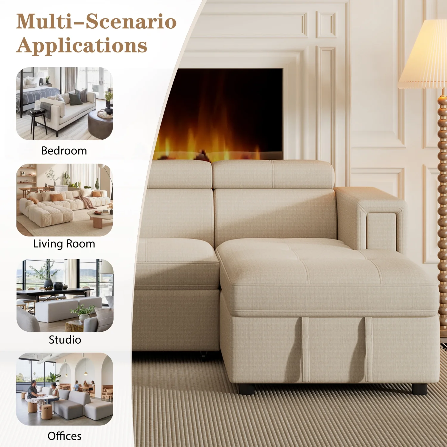 Churanty Pull Out Couch Bed with Storage and Cup Holder Sectional Sleeper Sofa with Wireless Charging L Shaped Couch with Adjustable Headrest Convertible Sofa Bed for Living Room,Beige