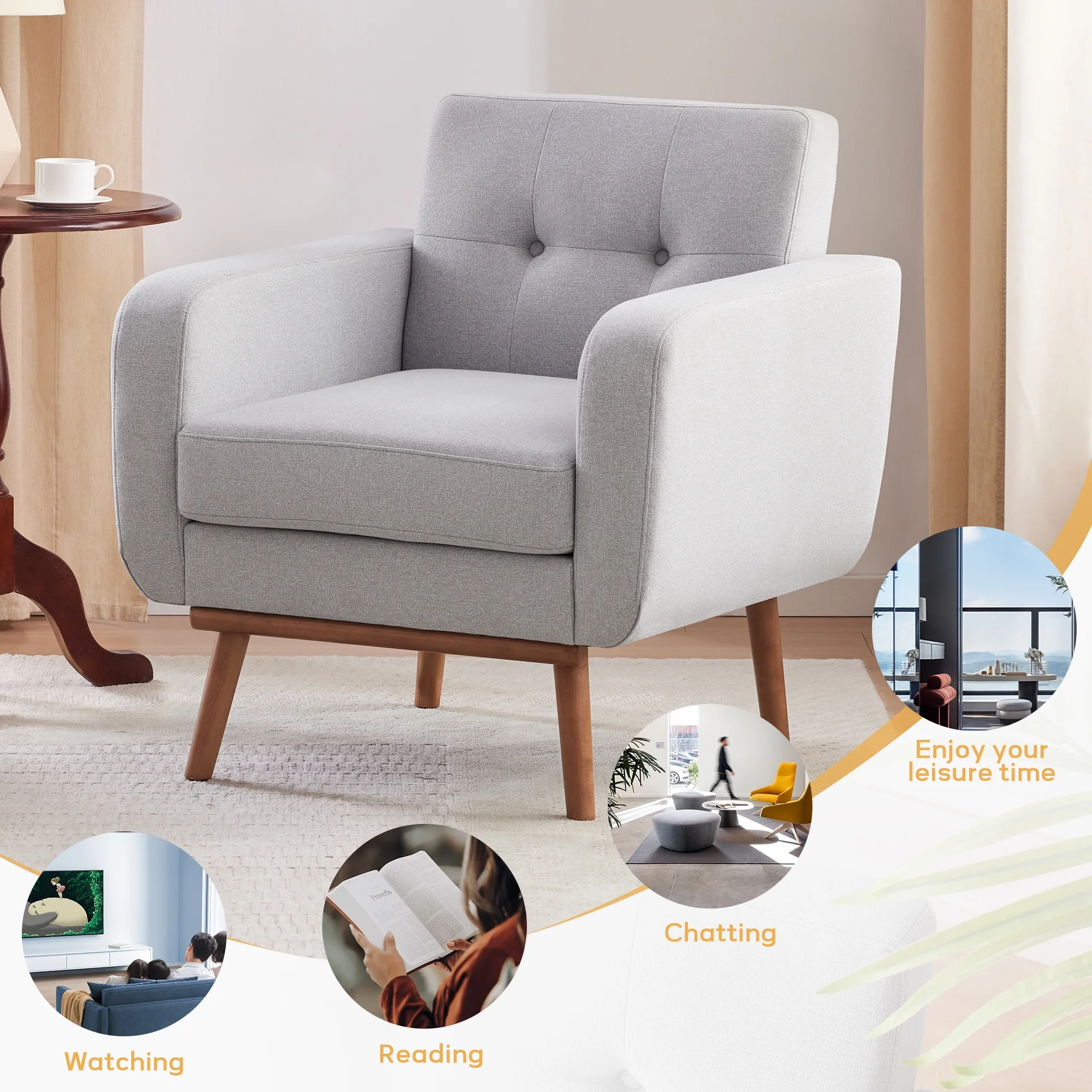 HUIMO Linen Fabric Accent Chair, Mid Century Modern Arm Chair for Living Room, Button Tufted Upholstered Armchair Comfy Reading Sofa for Bedroom, Club Chair (Gray)