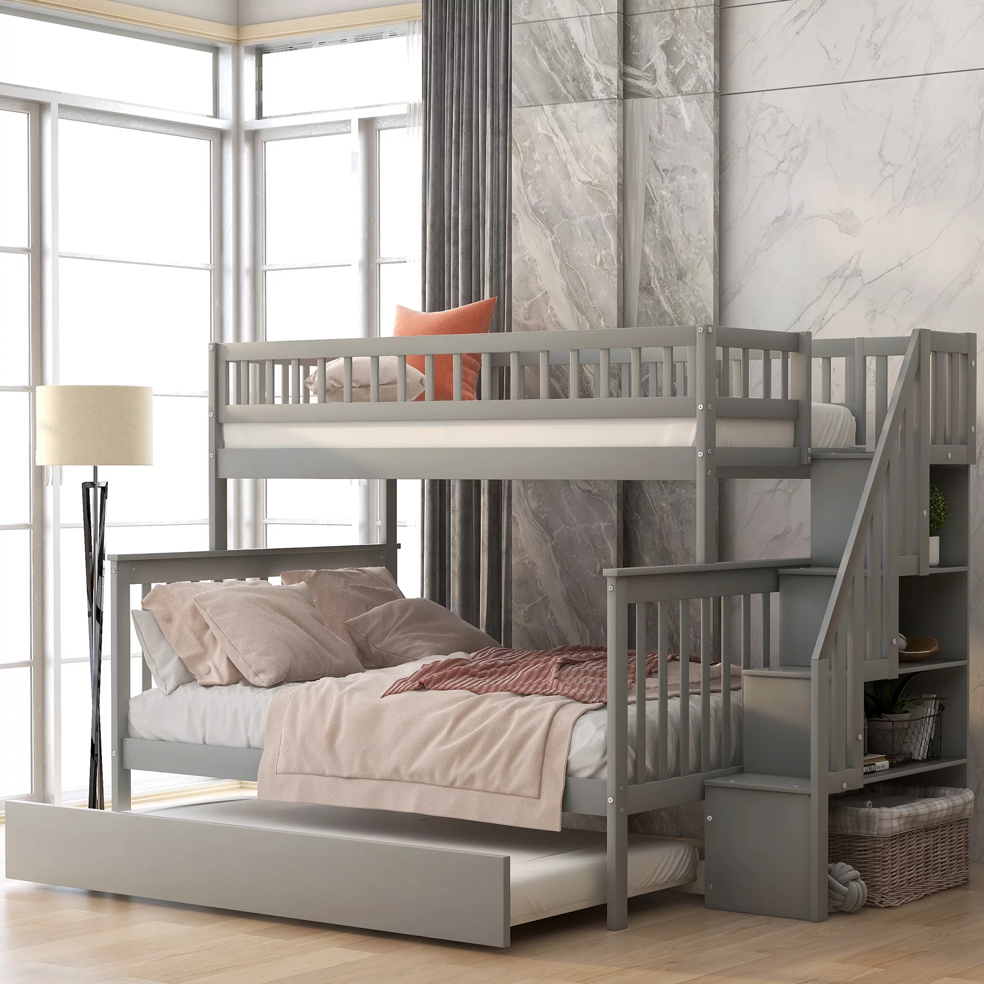 Leadzm Twin over Full Bunk Bed with Trundle and Staircase,Gray