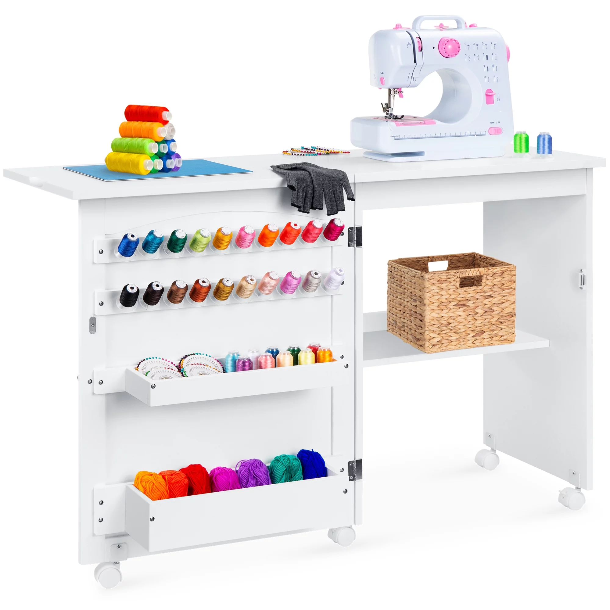 Best Choice Products Sewing Machine Table & Desk w/ Craft Storage and Trays - White
