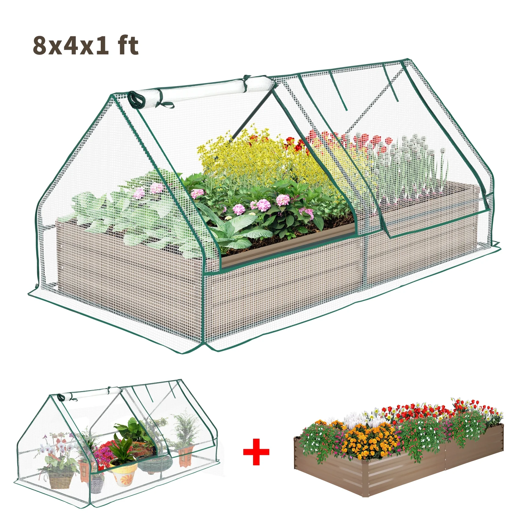 8x4x1ft Galvanized Raised Garden Bed with Cover Outdoor Extra-Thick Metal Planter Box Kit,w/ 2 Roll-Up Large Screen Windows Mini Greenhouse for Growing Flowers etc