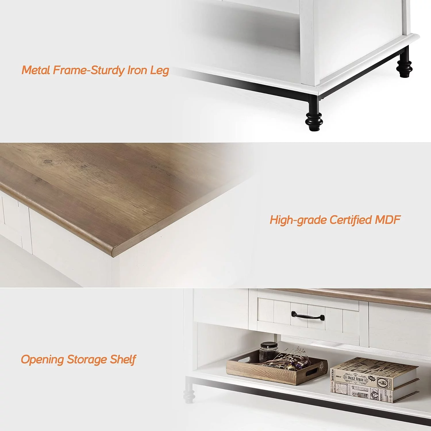 WAMPAT 3 Pieces Living Room Table Sets,1 Farmhouse TV Stand, 1 Coffee Table with Drawer,1 End Table with Charging Station, White/Oak