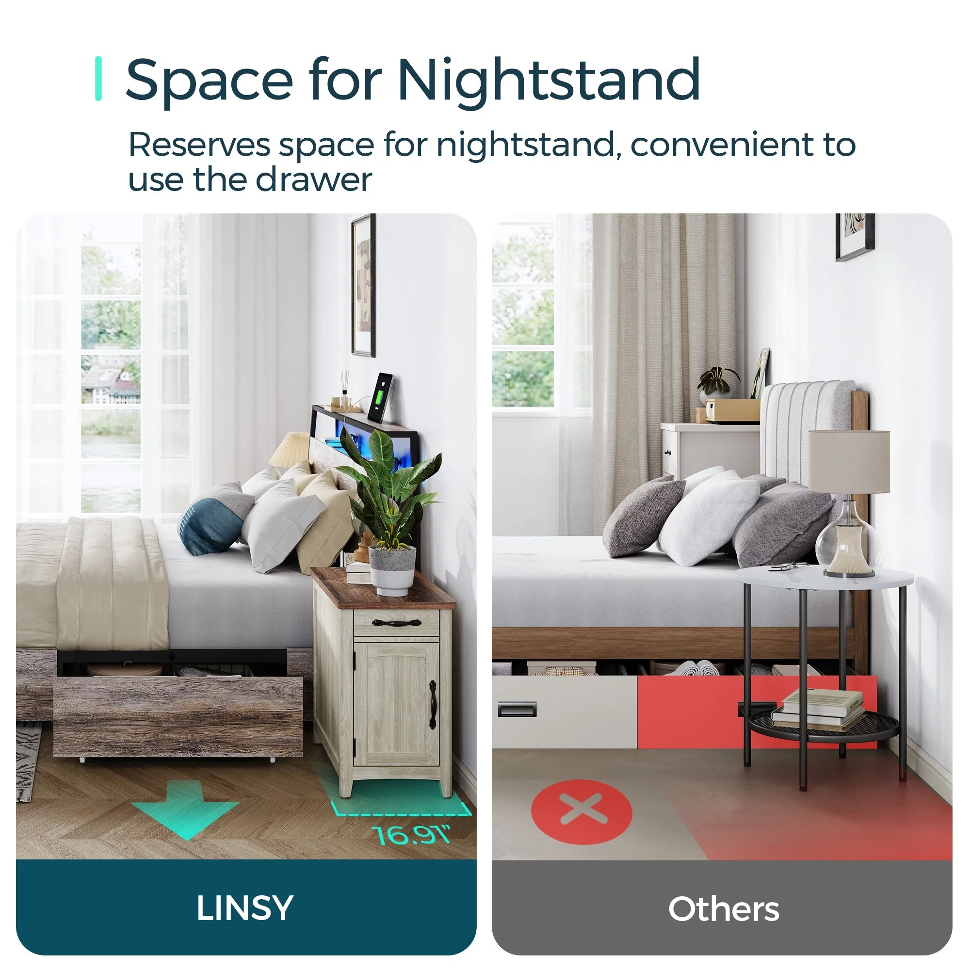 Linsy Home Queen Size Platform Bed Frame with Storage Headboard and 4 Storage Drawers, No Box Spring Needed, Light Grey