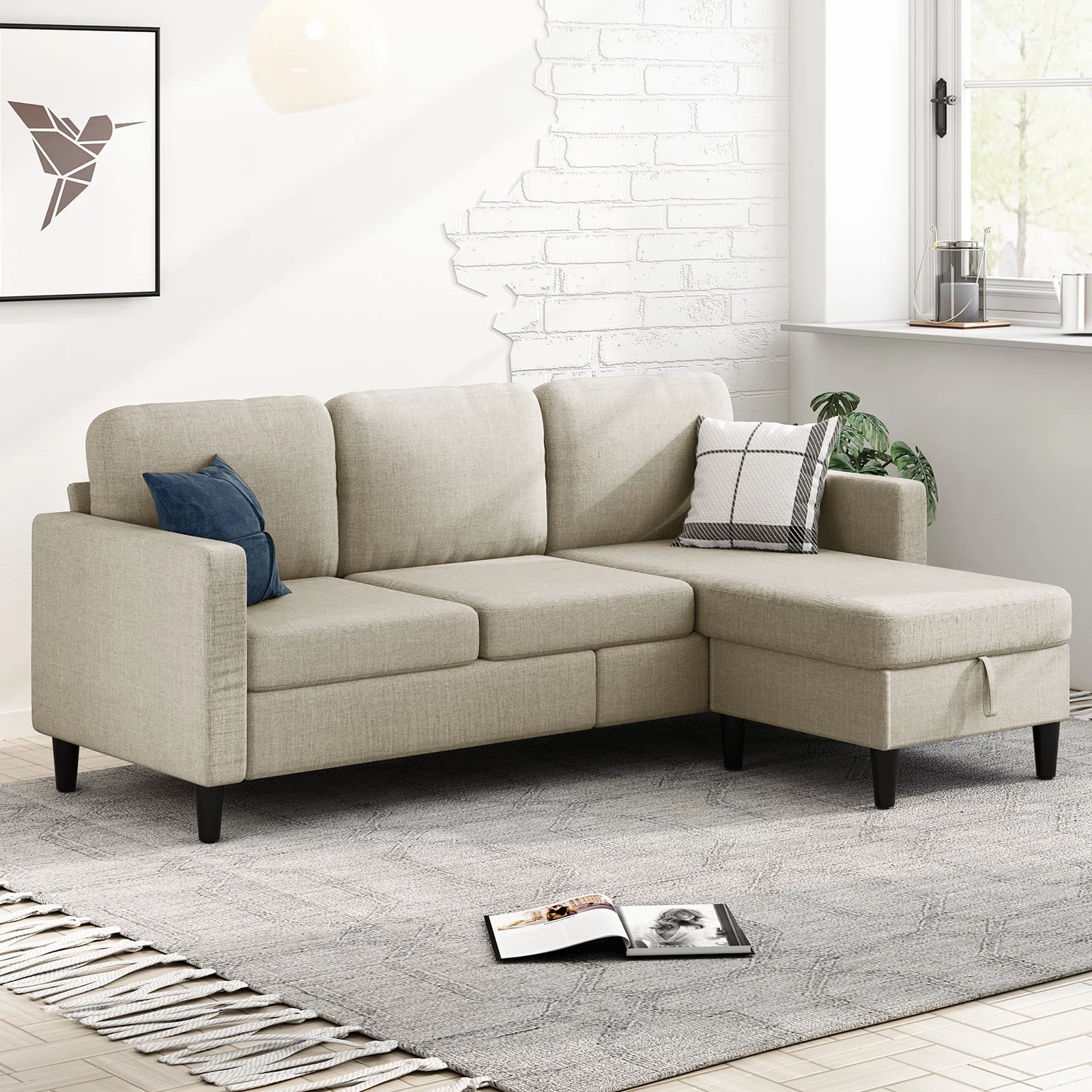 MUZZ Sectional Sofa with Movable Ottoman, Free Combination Sectional Couch, Small L Shaped Sectional Sofa with Storage Ottoman,Linen Fabric Wood Frame Sofa Set for Living Room (Beige)